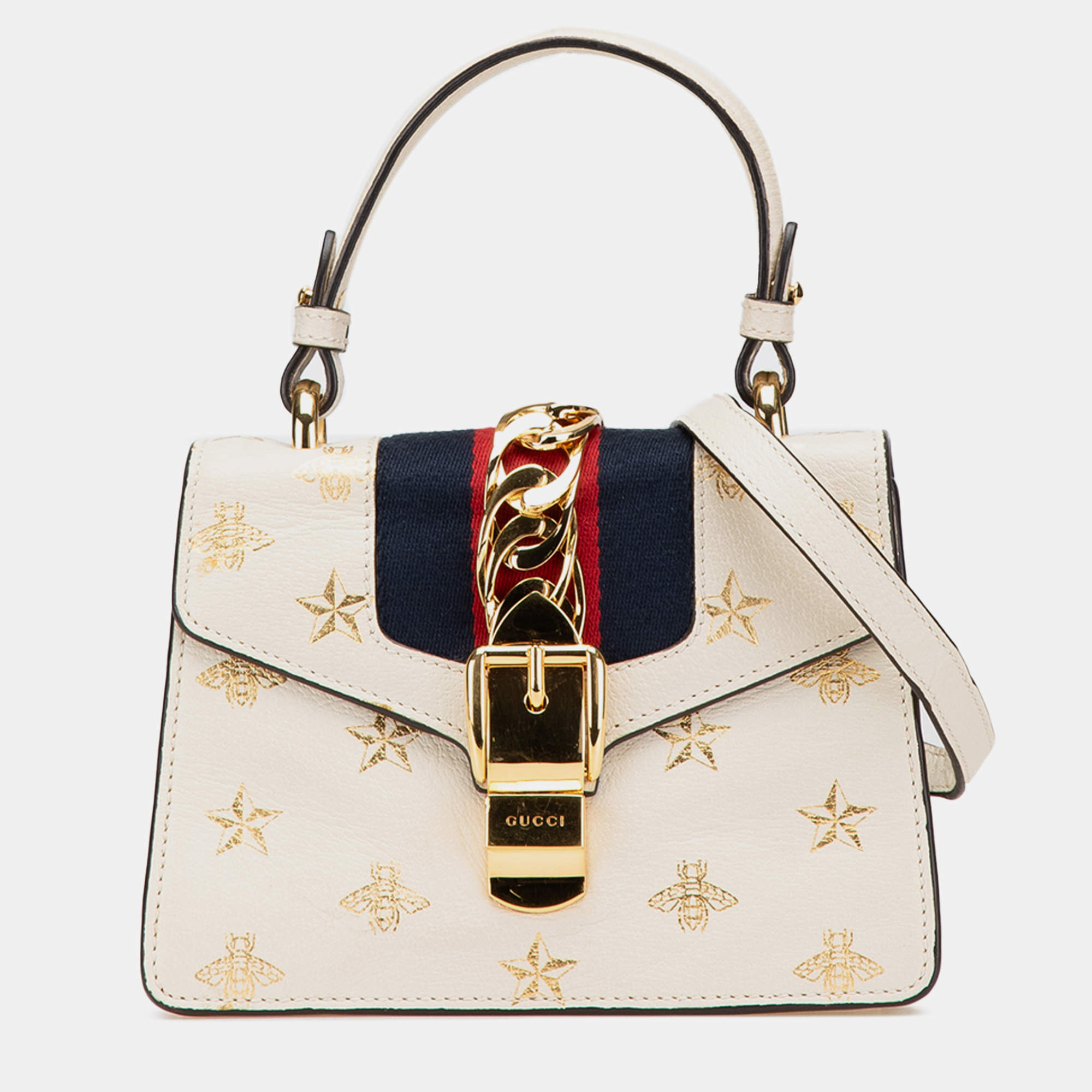 Gucci White Mini Calfskin Bee Star Sylvie Satchel