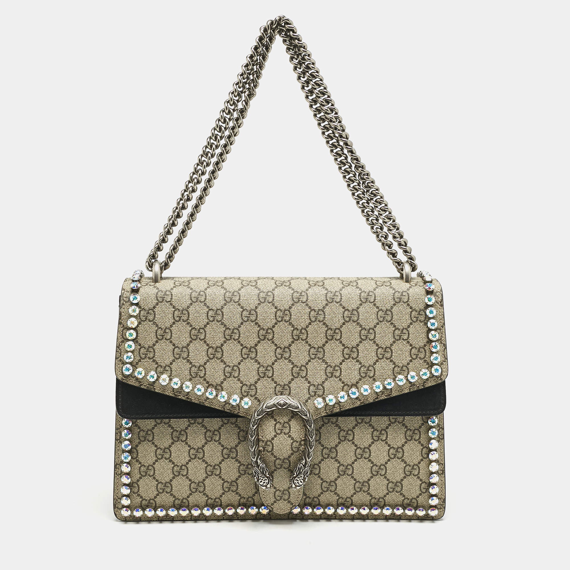 Gucci Black/Beige GG Supreme Canvas and Suede Medium Dionysus Shoulder Bag