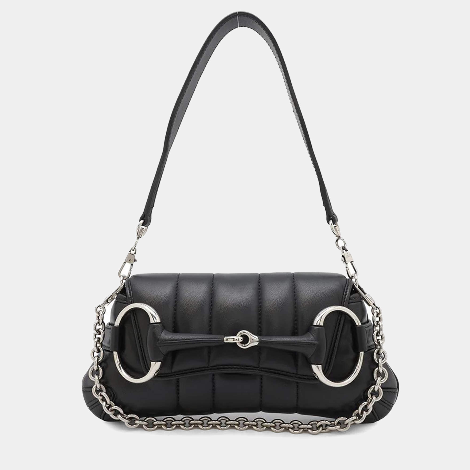 Gucci Black Leather Horsebit Shoulder Bag 