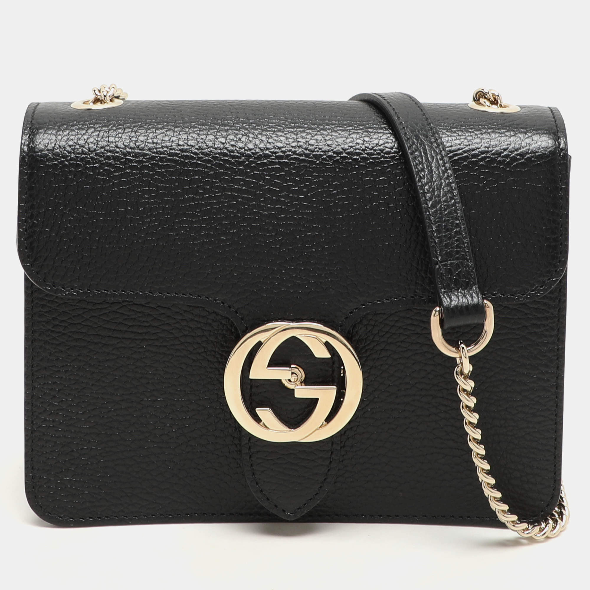 Pre Owned Gucci Black Leather Dollar Interlocking GG Shoulder Bag