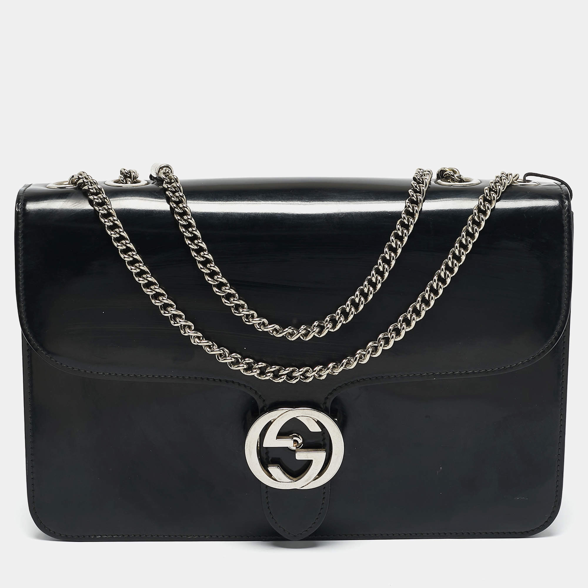 Pre Owned Gucci Black Glossy Leather Medium Interlocking G Shoulder Bag