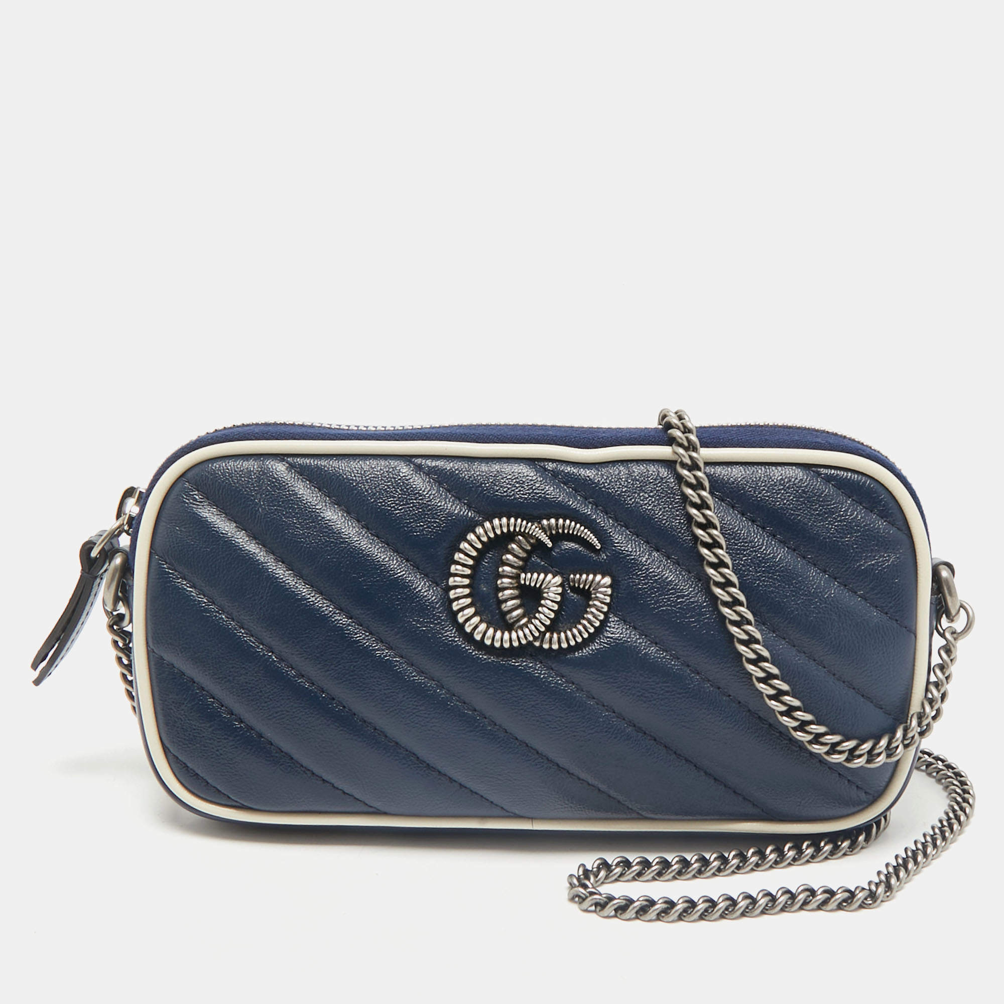 Gucci Blue Diagonal Quilt Leather Mini GG Marmont Torchon Crossbody Bag