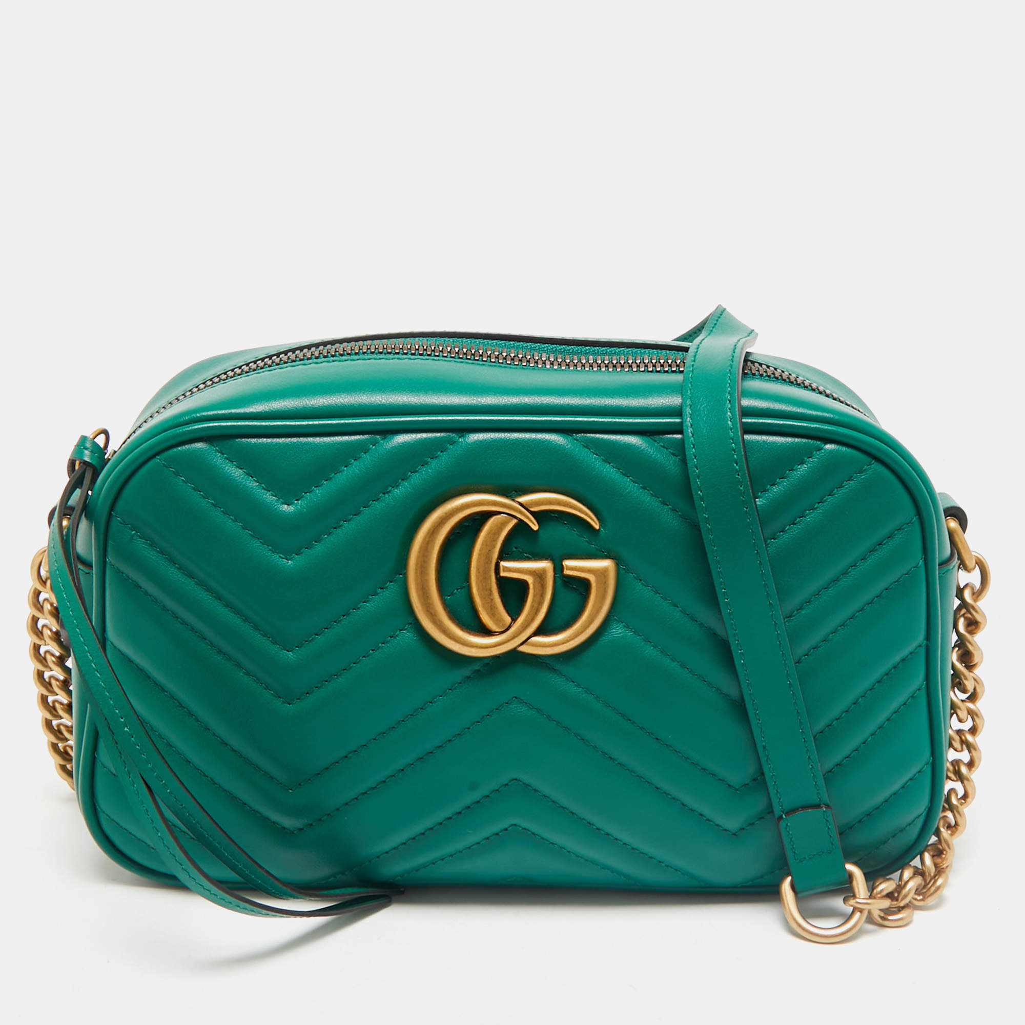 Gucci Green Matelassé Leather Small GG Marmont Camera Bag