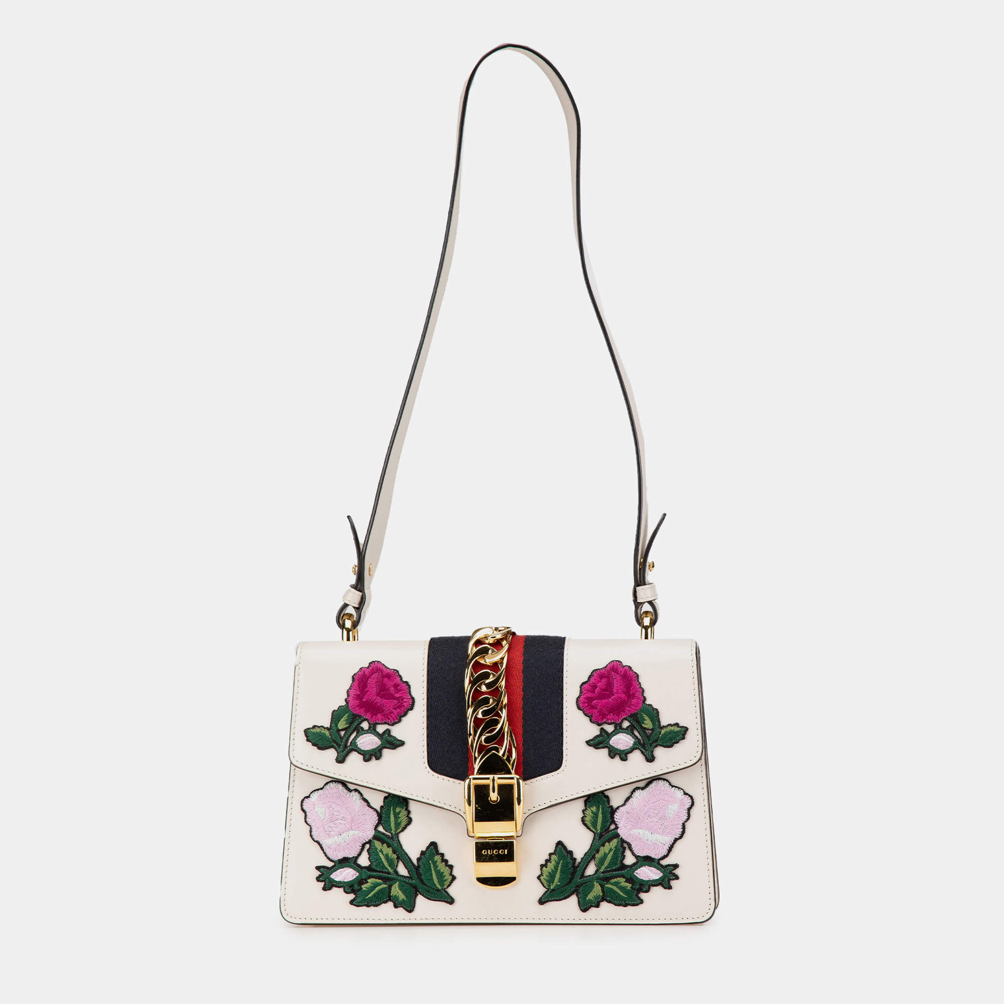 Gucci White Small Floral Embroidered Leather Sylvie Crossbody