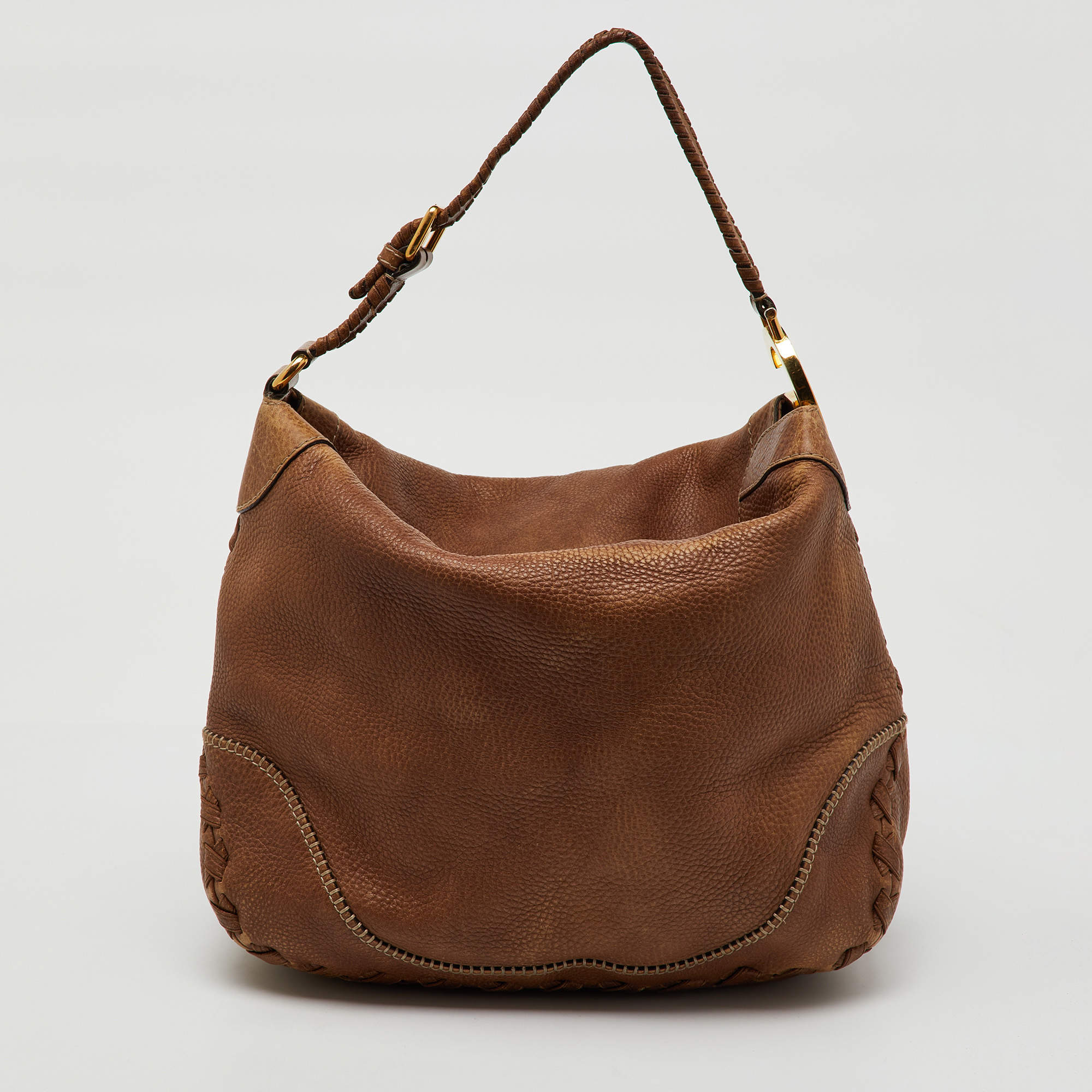 Gucci Brown Grained Leather Charlotte Whipstitch Hobo