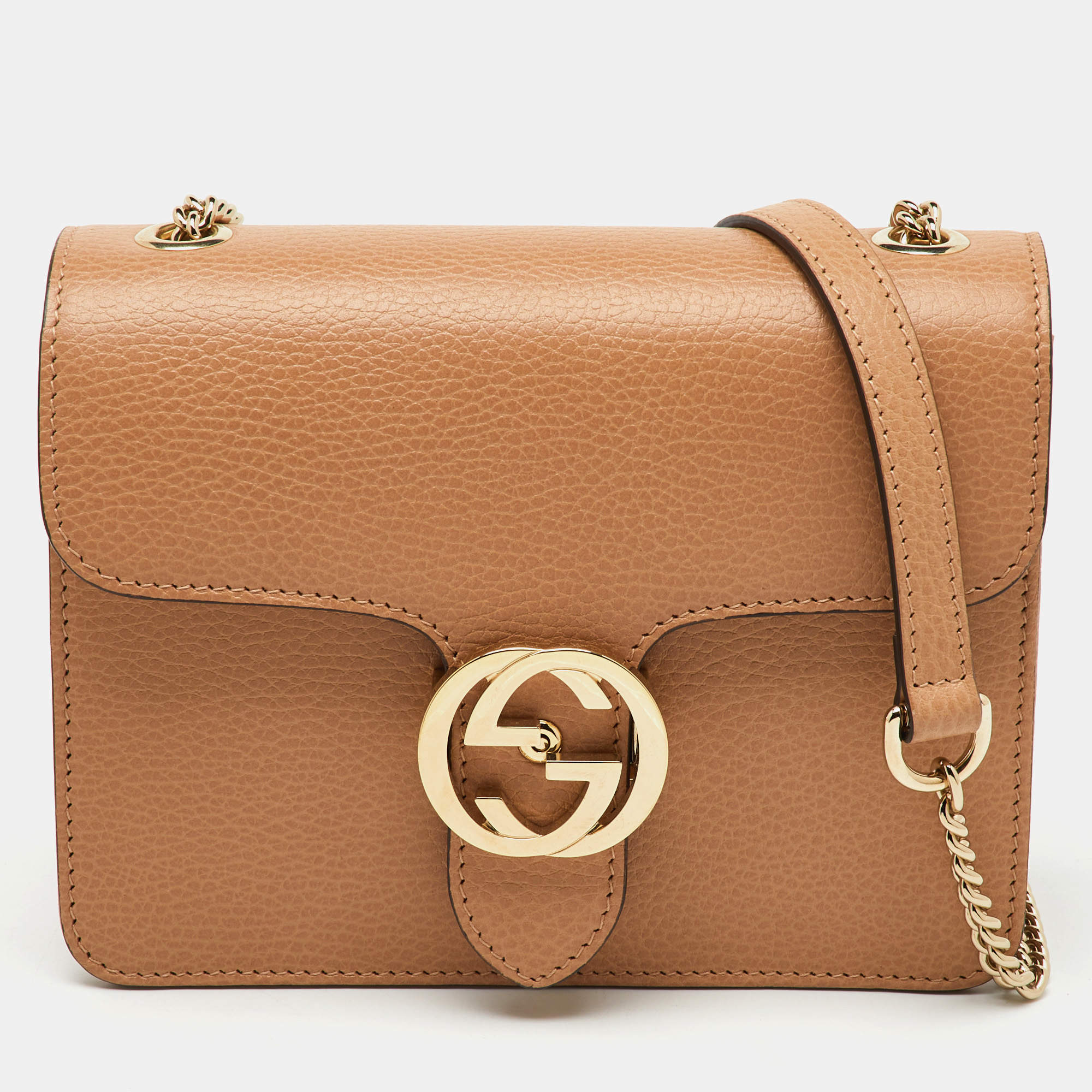 Gucci Beige Leather Dollar Interlocking G Flap Crossbody Bag
