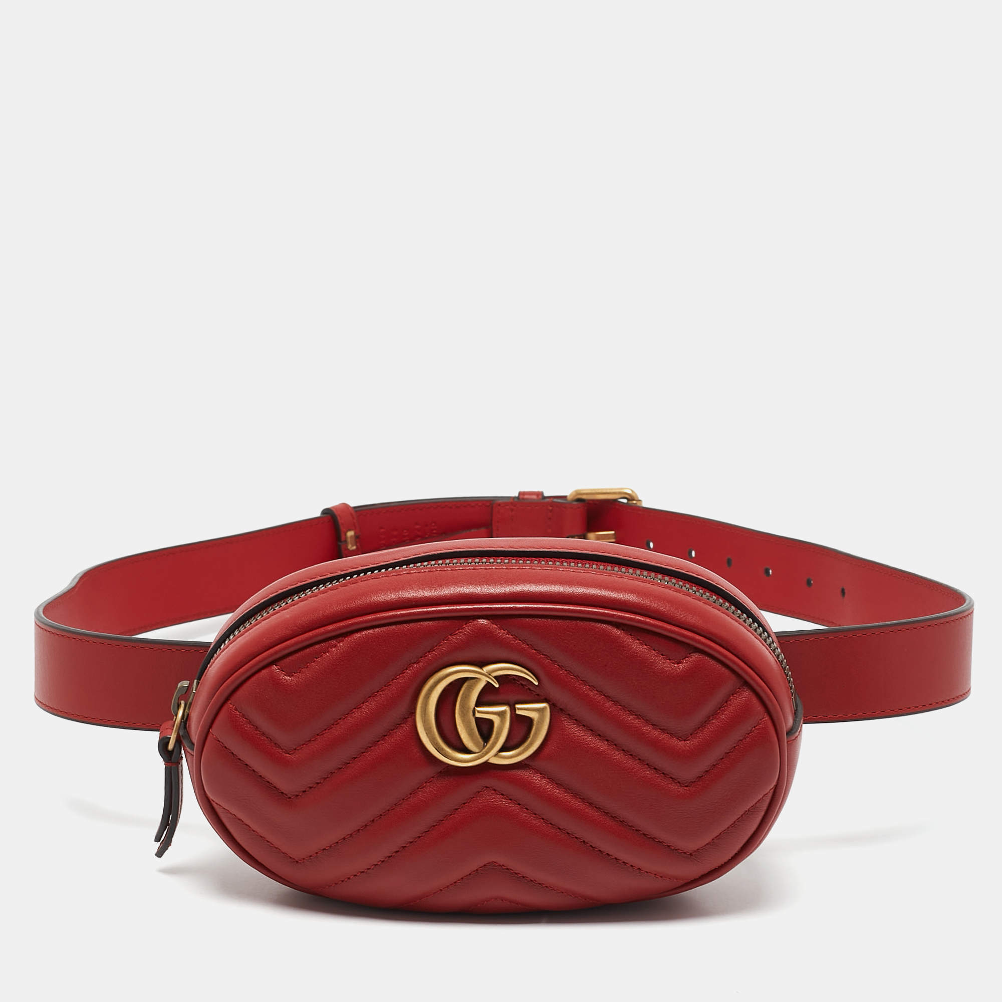 Gucci Red Matelassé Leather GG Marmont Belt Bag