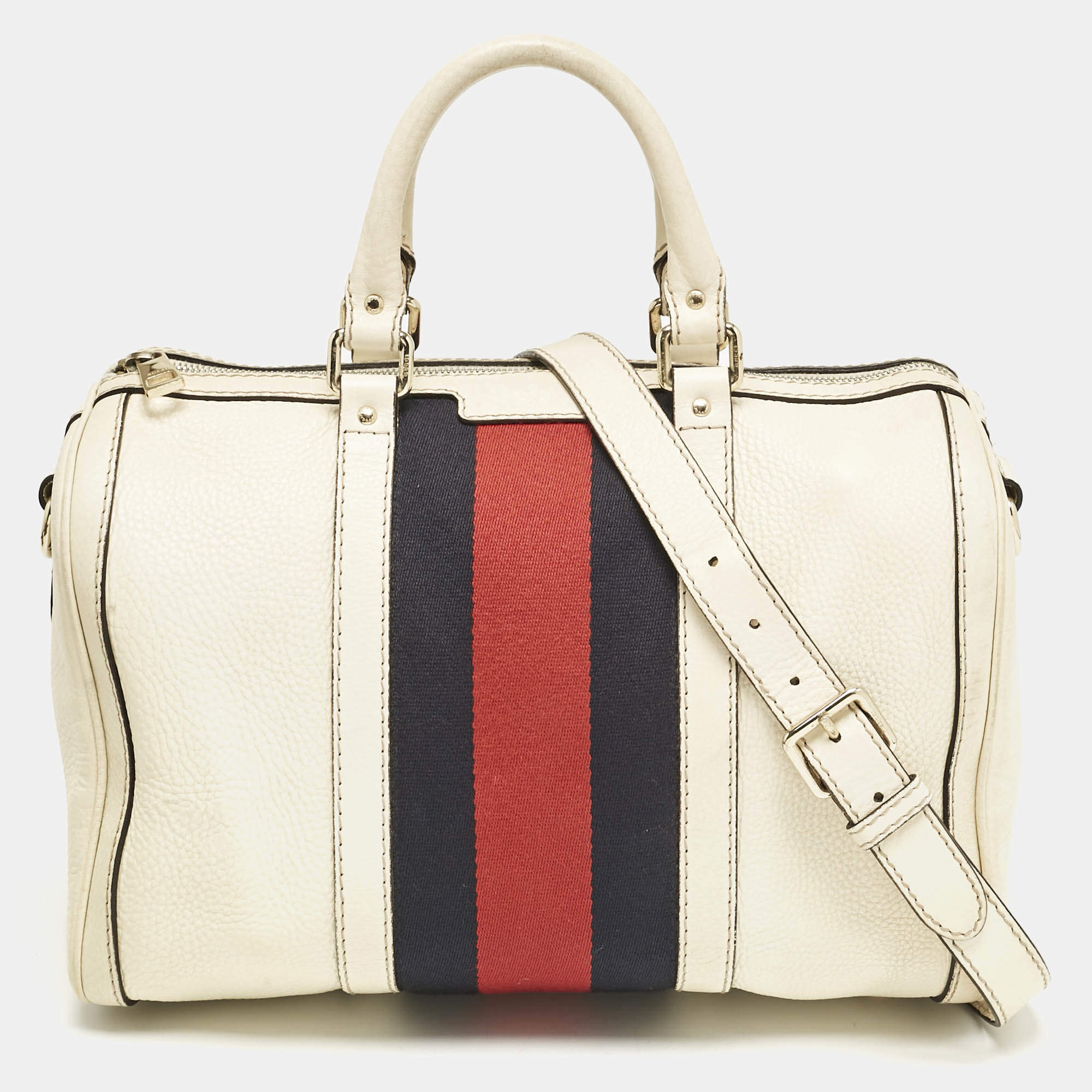 Gucci White Leather Vintage Web Medium Boston Bag