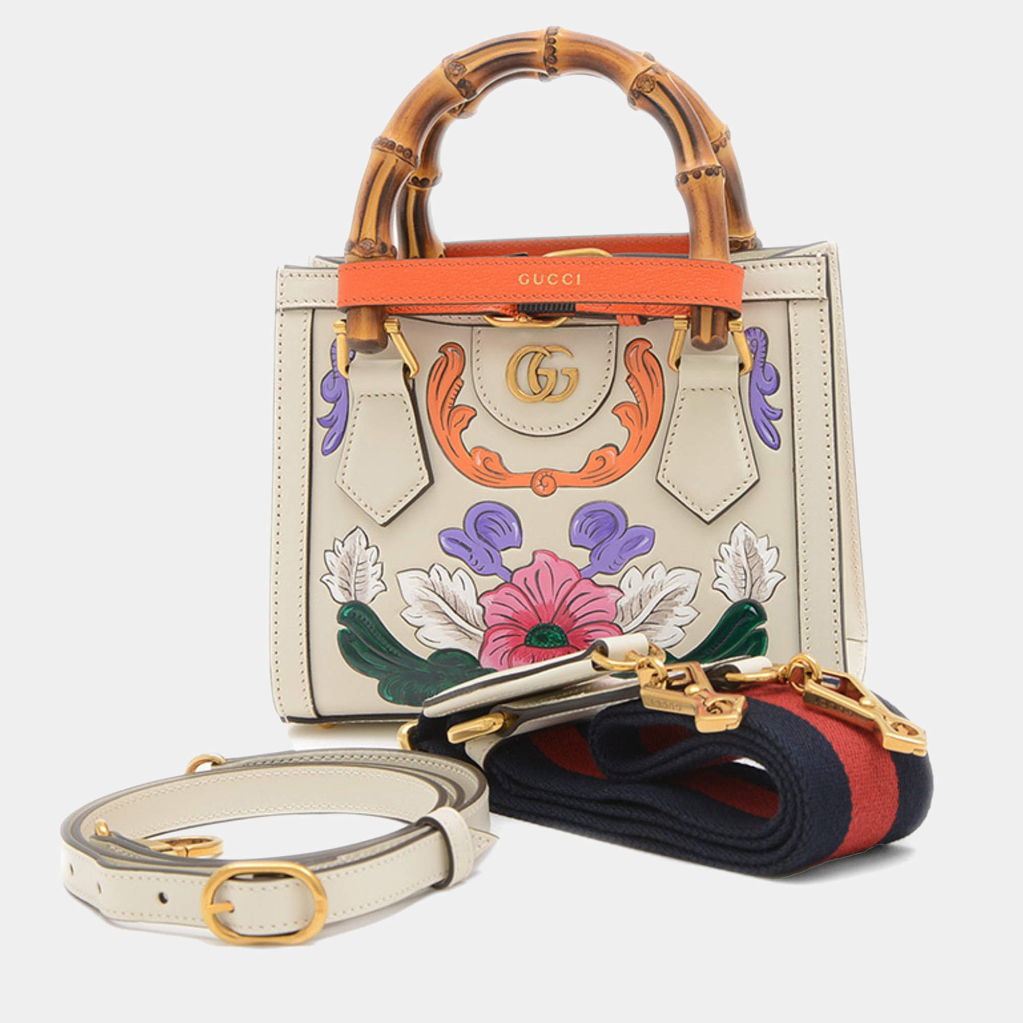 Gucci Ivory Floral Leather Diana Bamboo Mini Shoulder Bag