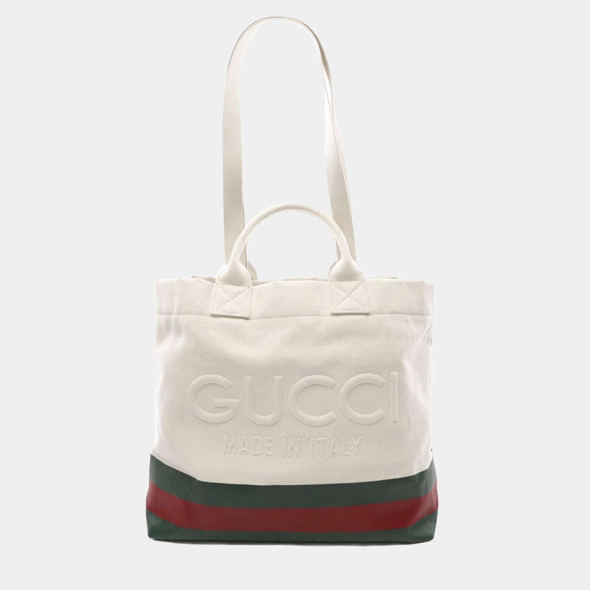 Gucci White Canvas Web Embossed Logo Tote