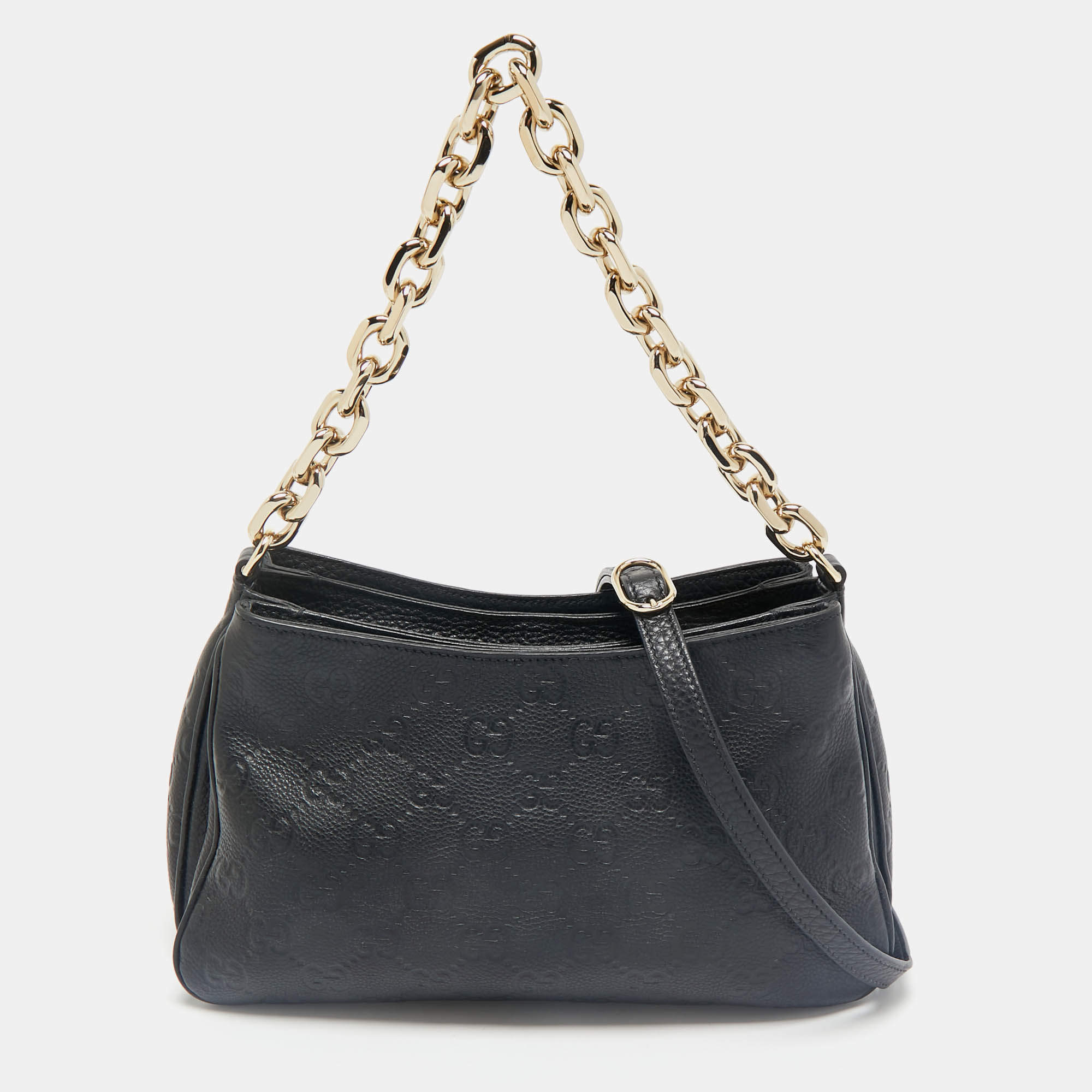 Gucci Black Guccissima Leather Emblem Chain Shoulder Bag