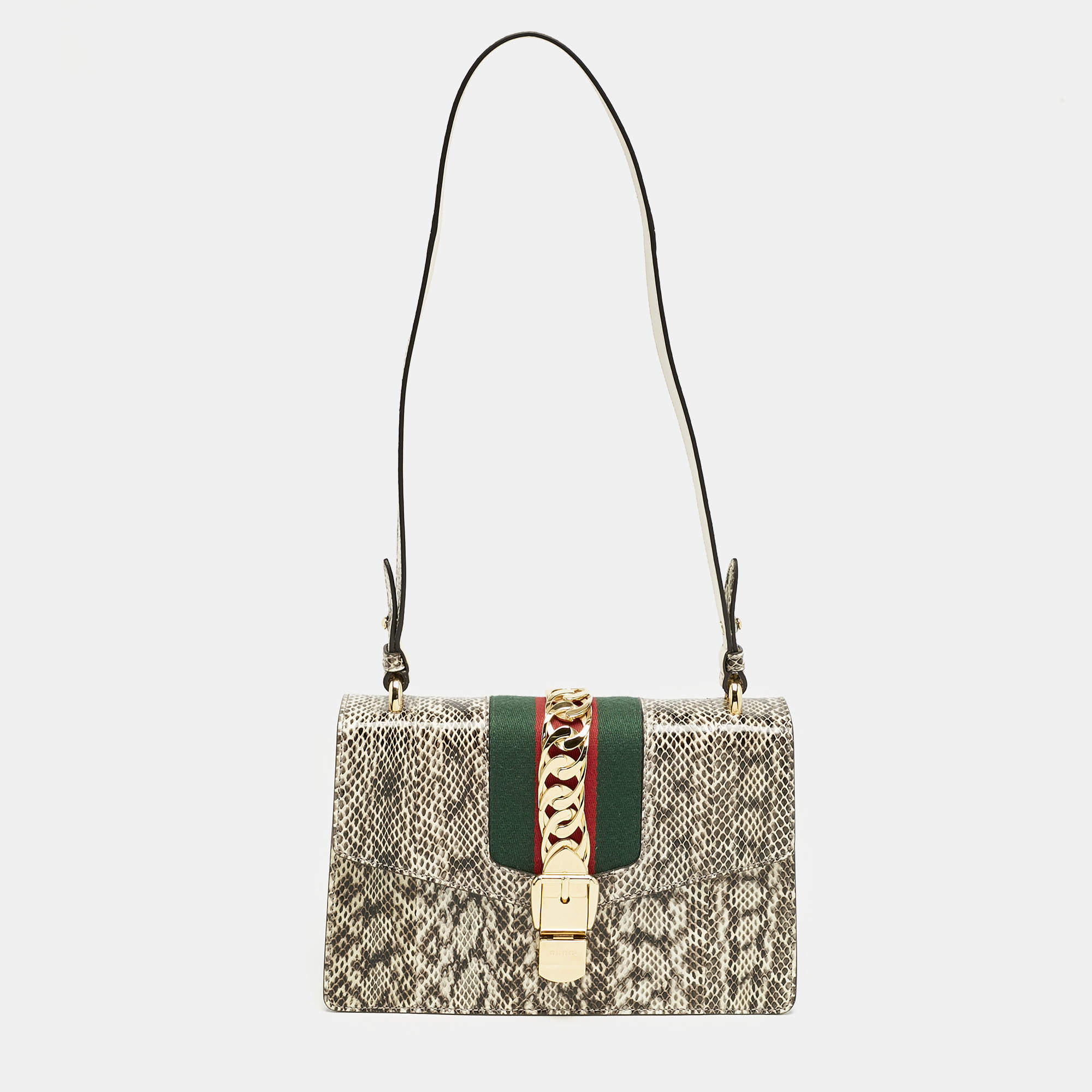 Gucci Black/White Watersnake Leather Small Web Chain Sylvie Shoulder Bag
