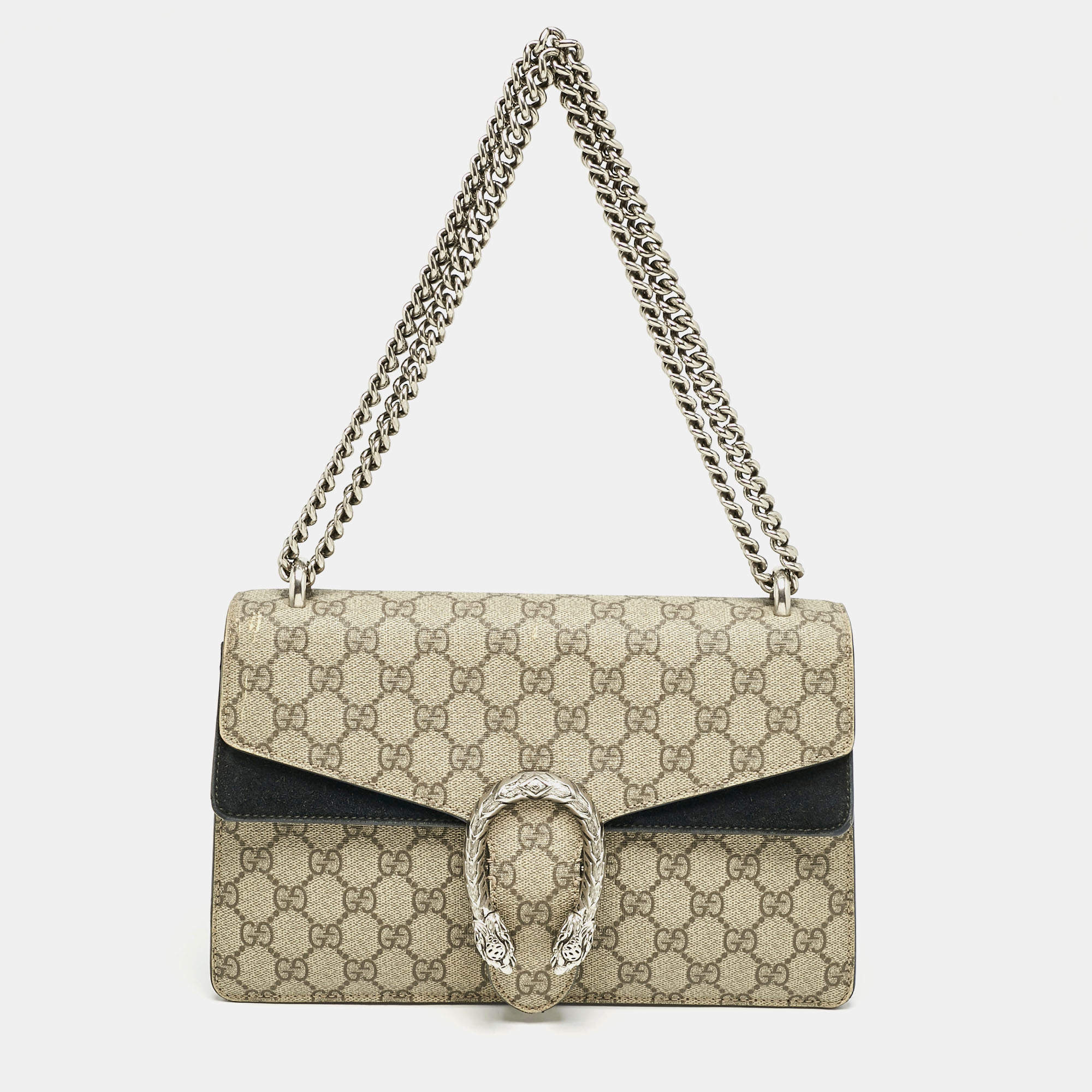 Gucci Black/Beige GG Supreme Canvas and Suede Small Dionysus Shoulder Bag