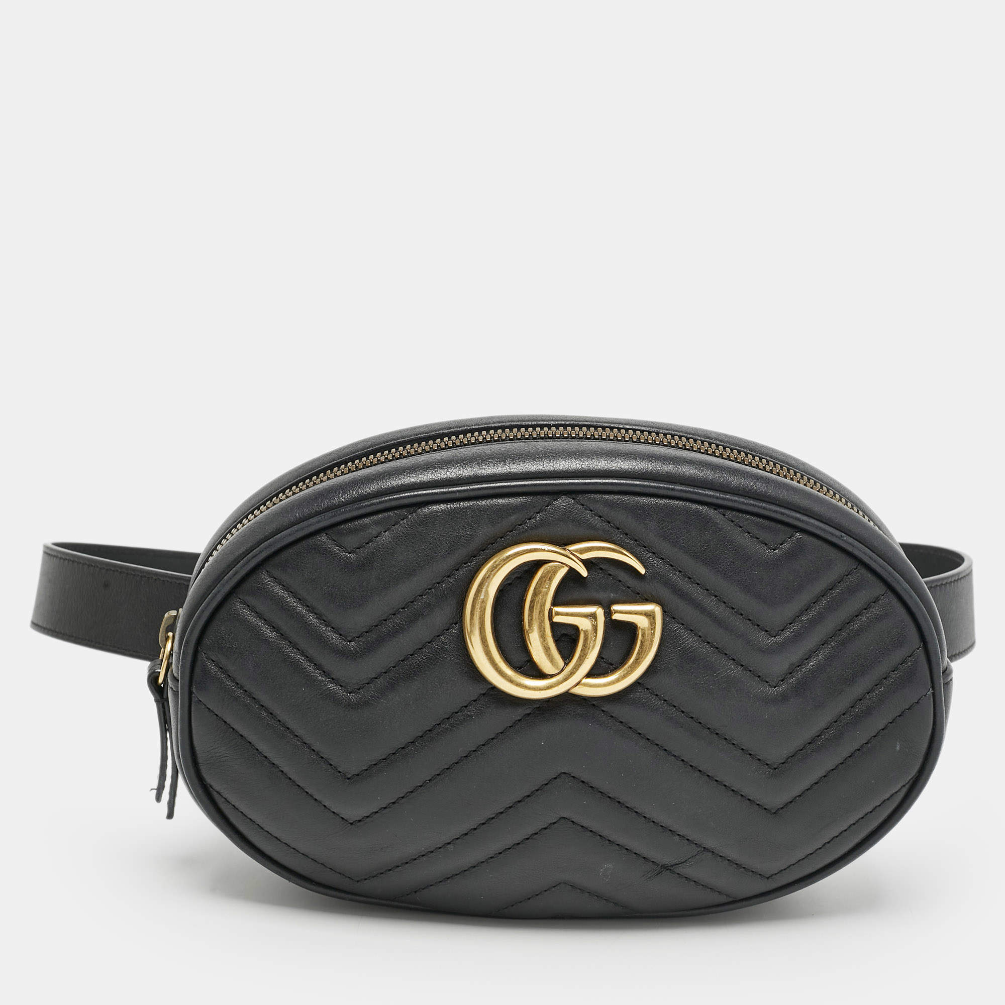 Pre Owned Gucci Black Matelassé Leather GG Marmont Belt Bag