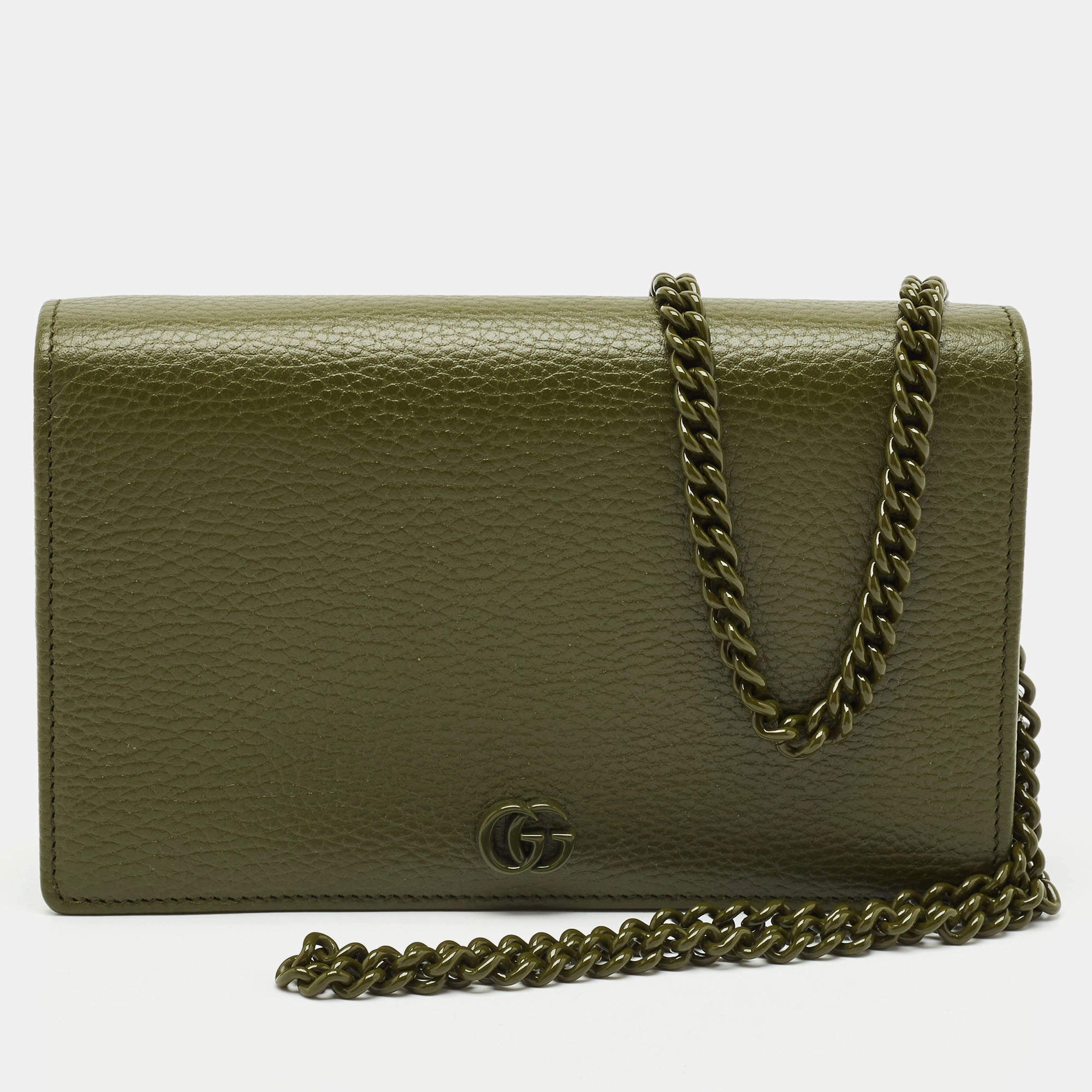 Gucci Olive Green Leather GG Marmont Wallet On Chain