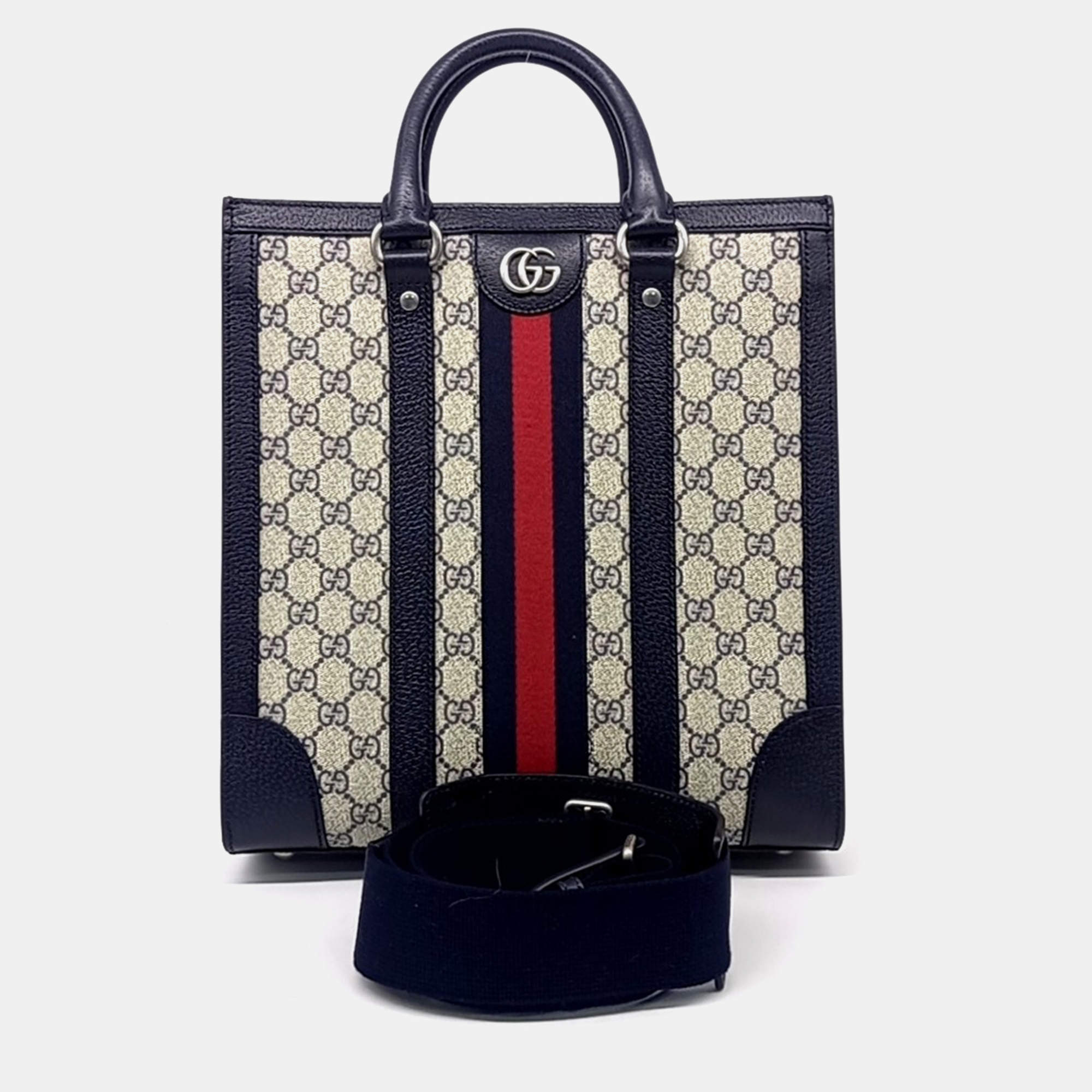 Gucci Beige Navy Blue Leather and PVC Ophidia Tote Bag Medium