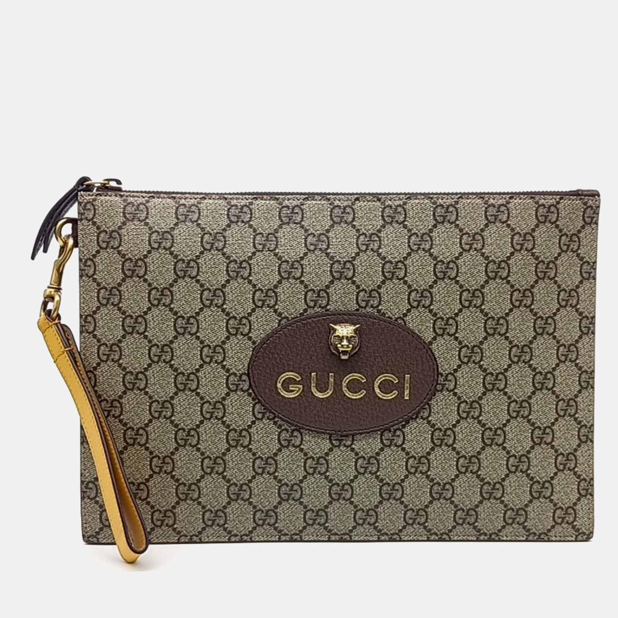 Pre Owned Gucci Beige Brown Leather and PVC GG Supreme Clutch