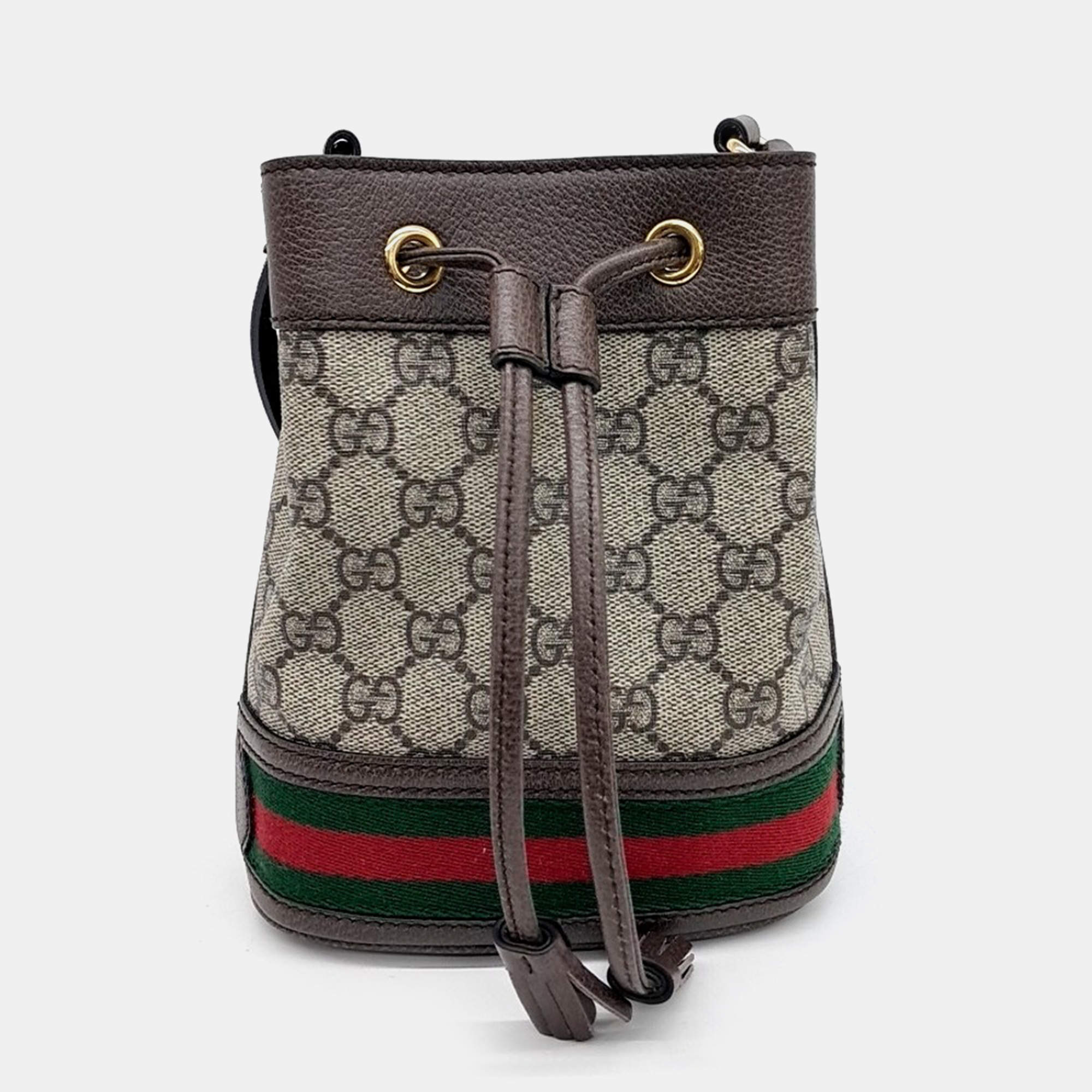 Gucci Brown Canvas and Leather Ophidia Mini Bucket Bag