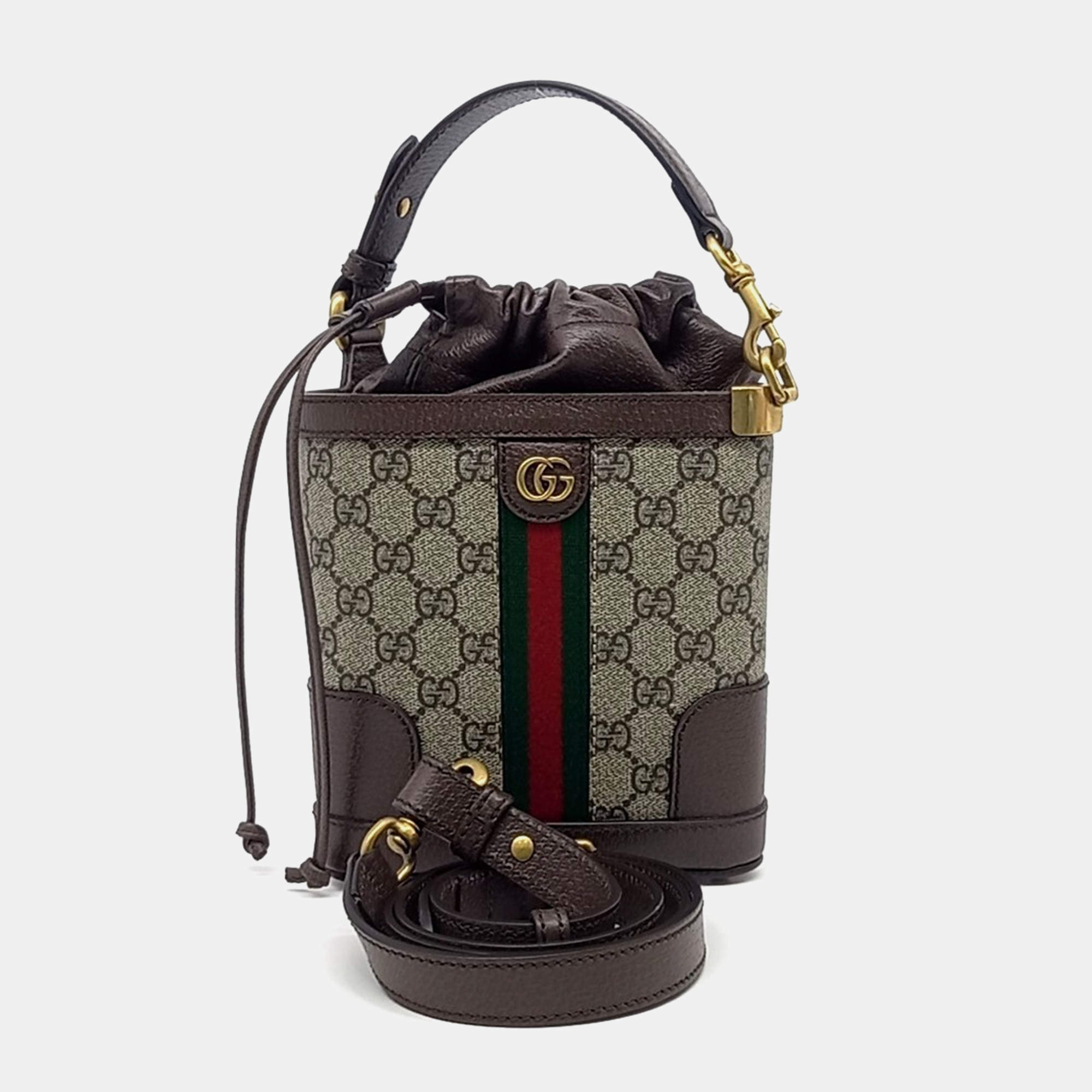 Gucci Beige Brown Coated Canvas and Leather Ophidia GG Bucket Bag