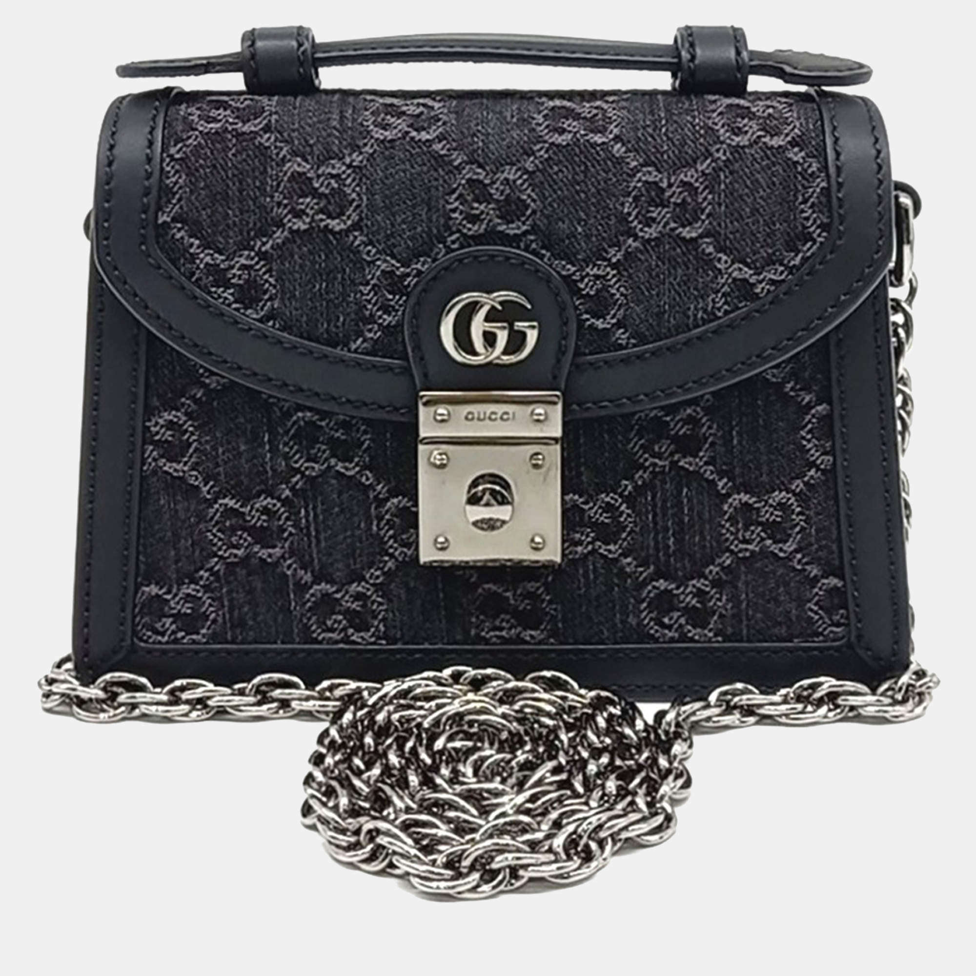Gucci Black Denim and Leather Ophidia GG Mini Shoulder Bag