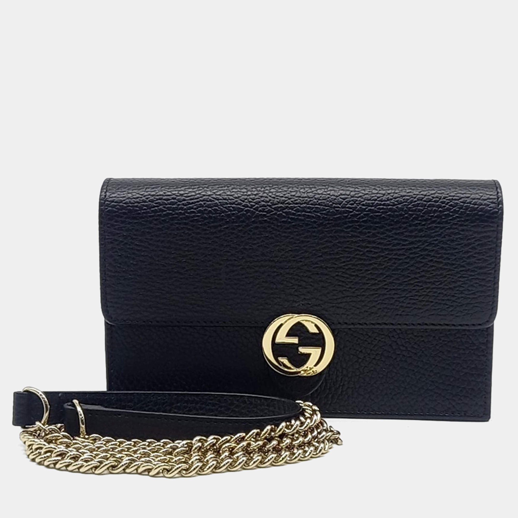 Gucci Black Leather Interlocking Chain Crossbody Bag