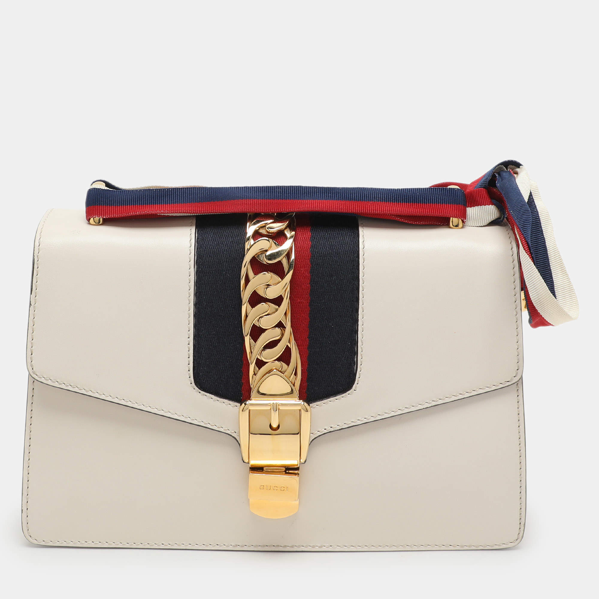 Gucci White Leather Small Web Chain Sylvie Flap Shoulder Bag