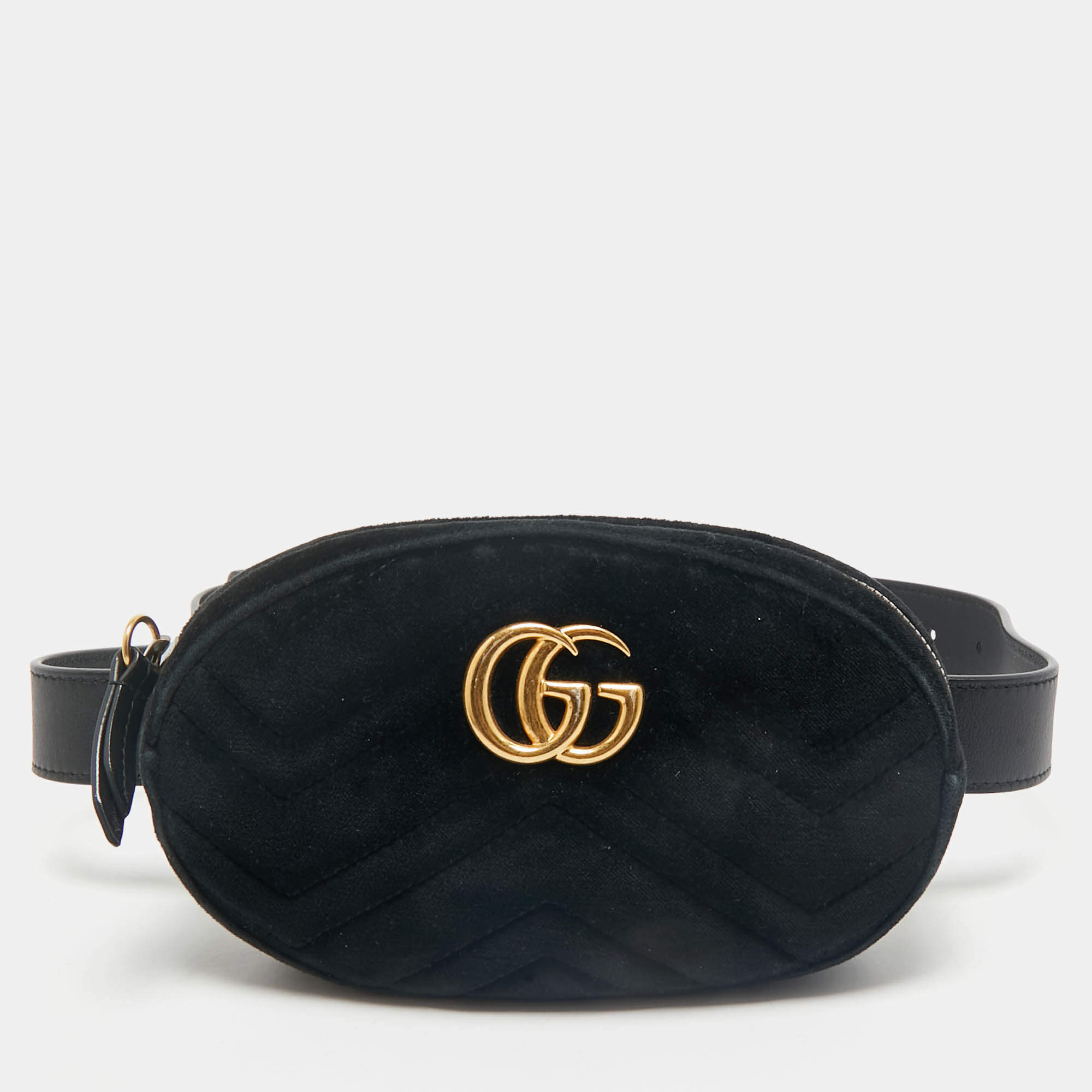 Gucci Black Matelassé Velvet Mini GG Marmont Belt Bag