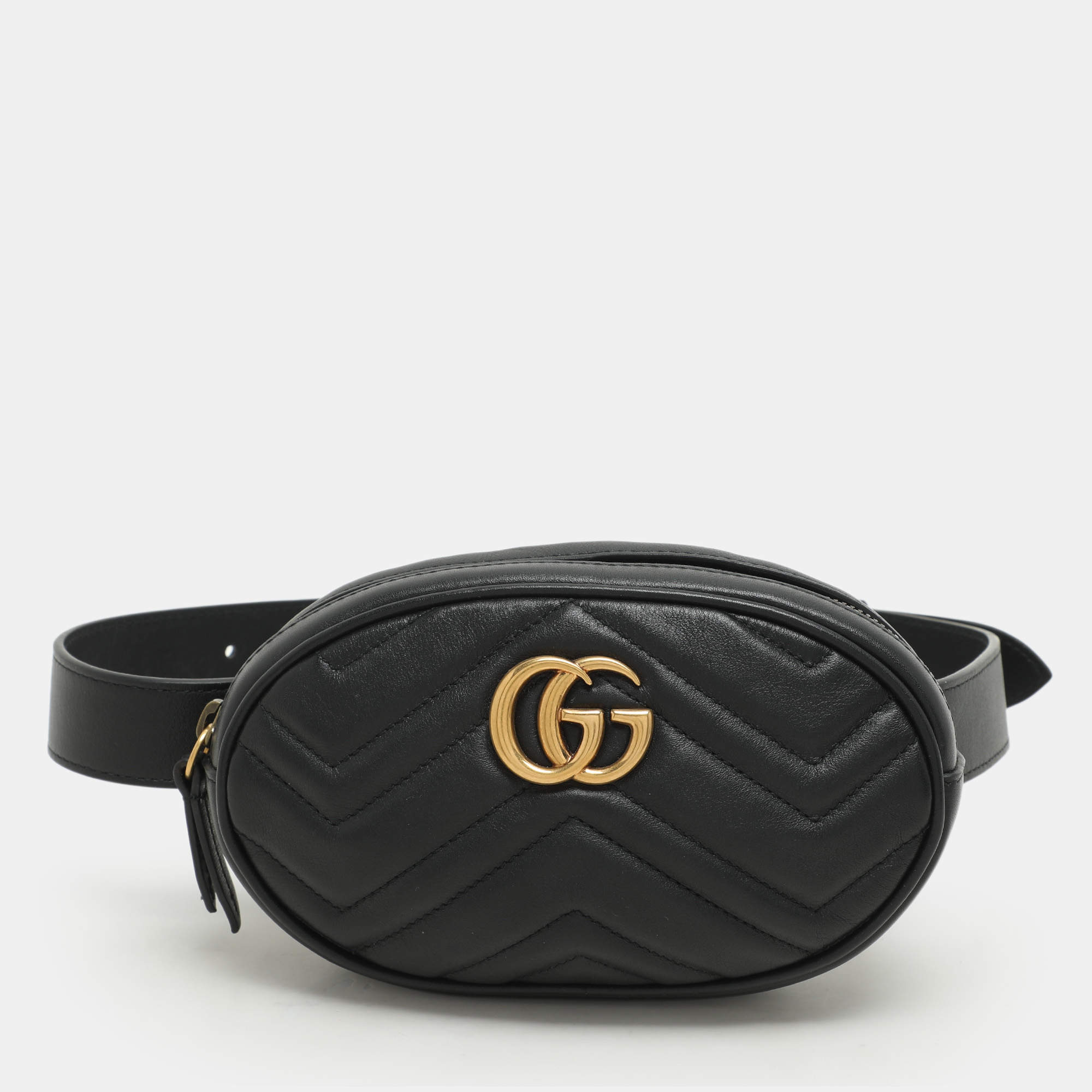 Pre Owned Gucci Black Matelasse Leather GG Marmont Belt Bag
