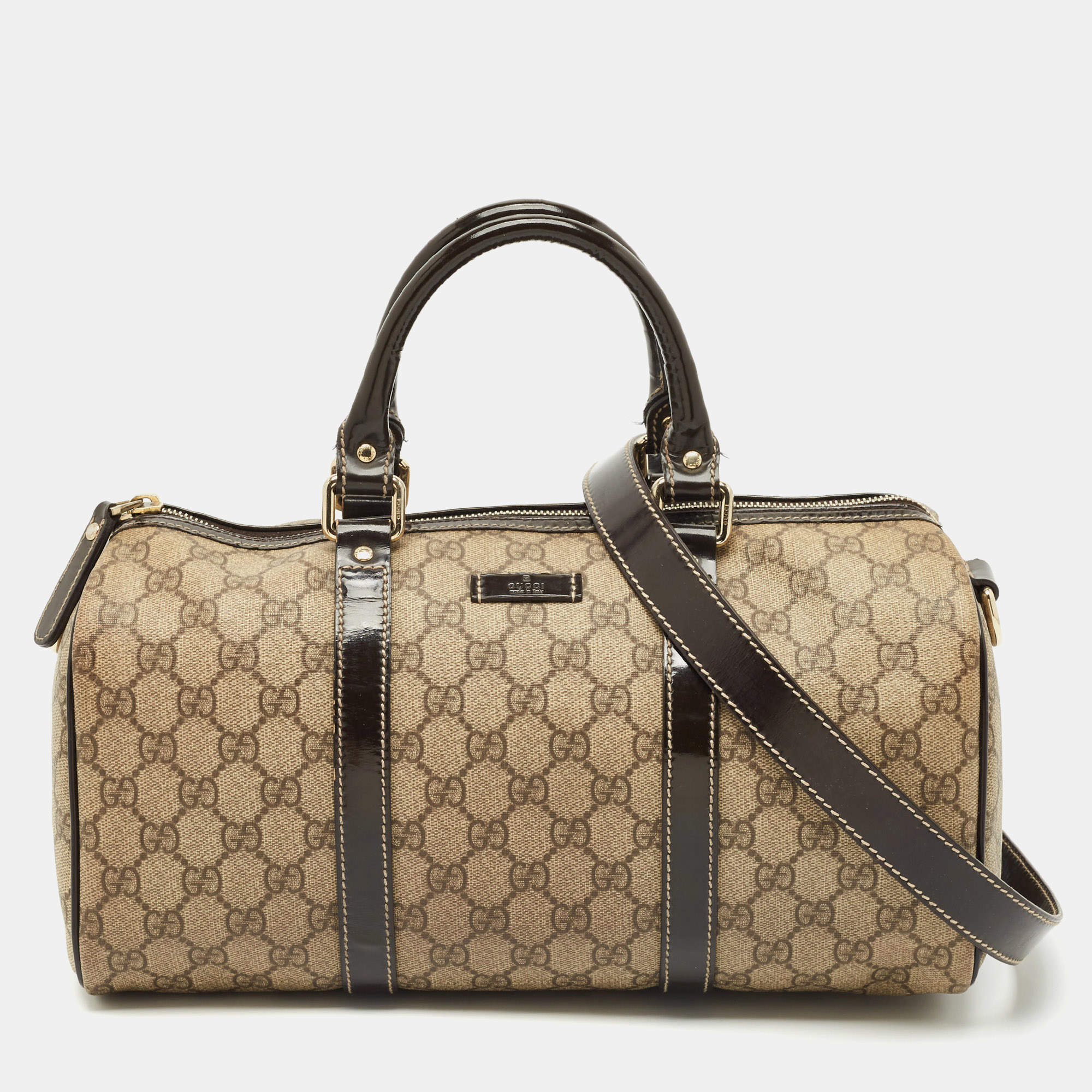 Pre Owned Gucci Beige/Brown GG Supreme Canvas and Leather Medium Joy Boston Bag