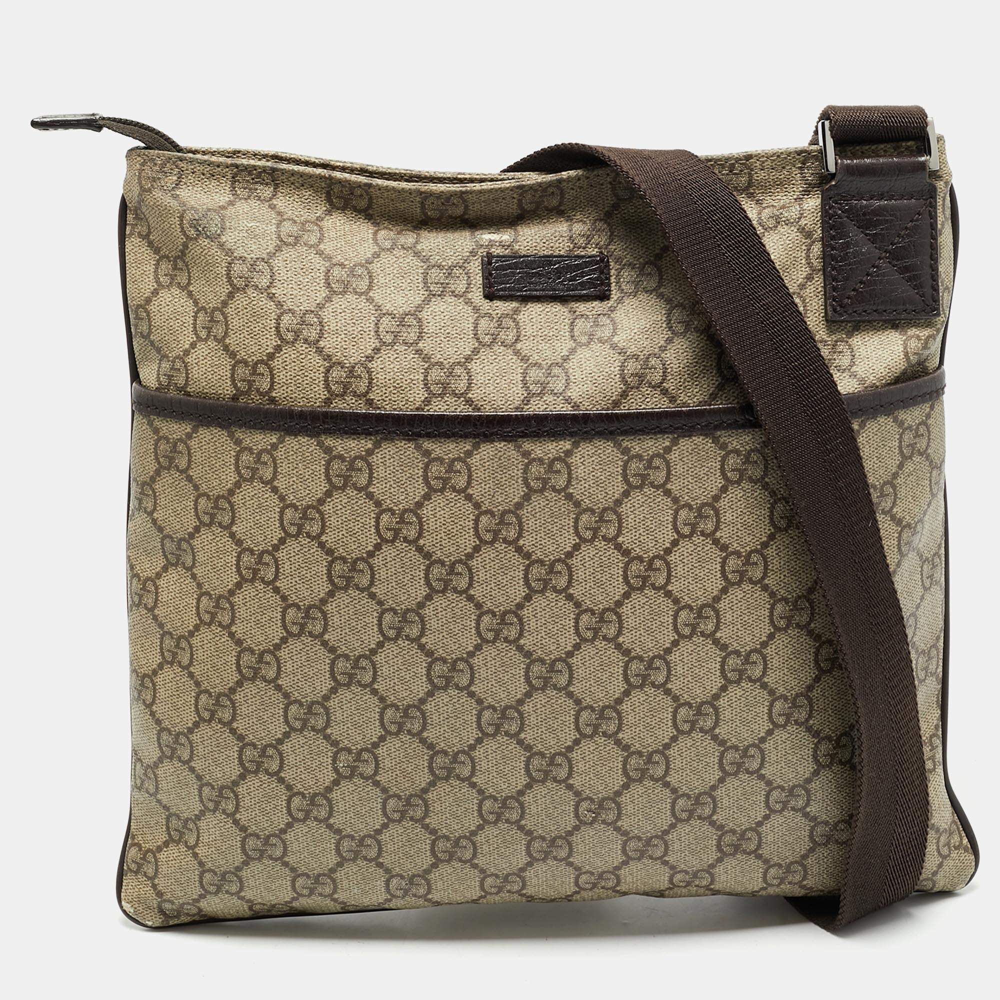 Gucci Beige/Brown GG Supreme Canvas and Leather Flat Messenger Bag