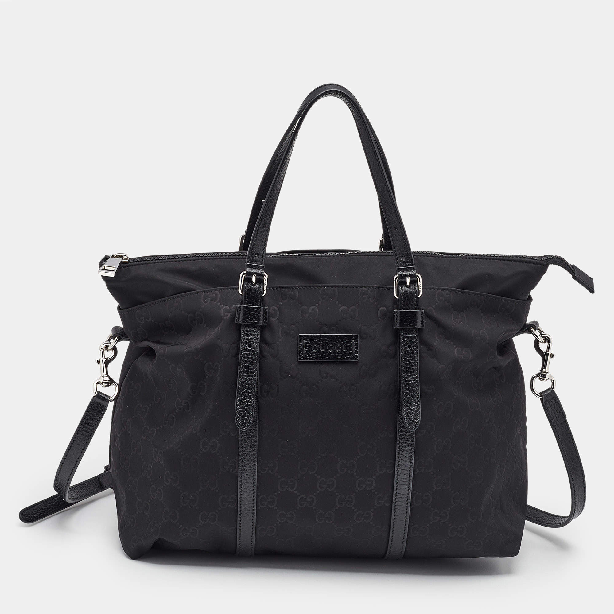 Pre Owned حقيبة يد غوتشي سحاب علوي جلد ونايلون GG سوداء