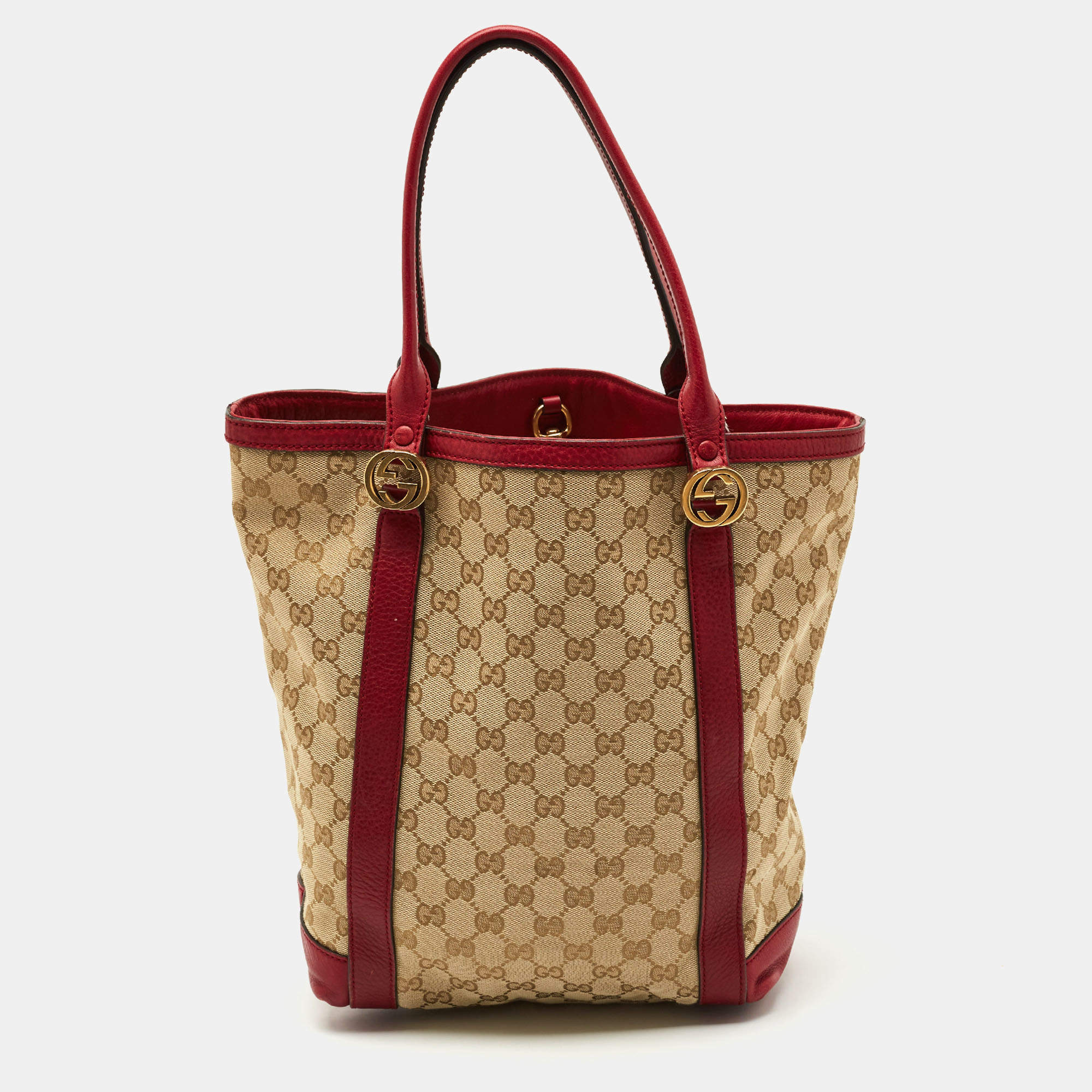 Gucci Red/Beige Canvas and Leather GG Twins Tote