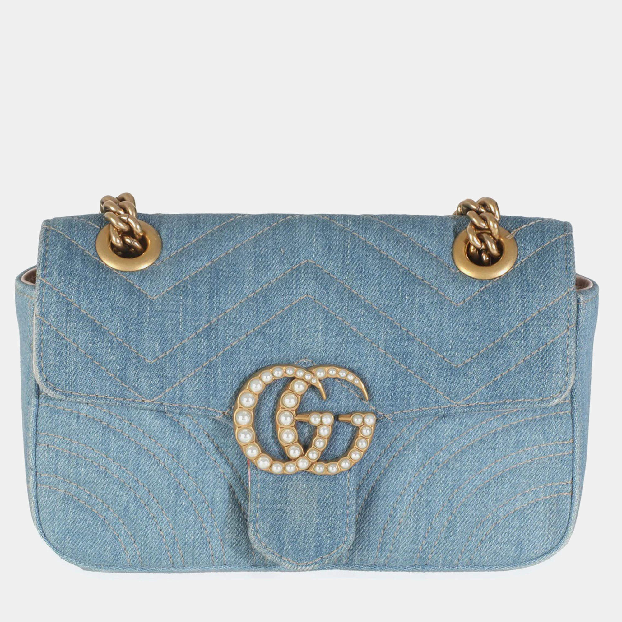 Gucci Blue Matelasse Denim GG Marmont Pearly Shoulder Bag
