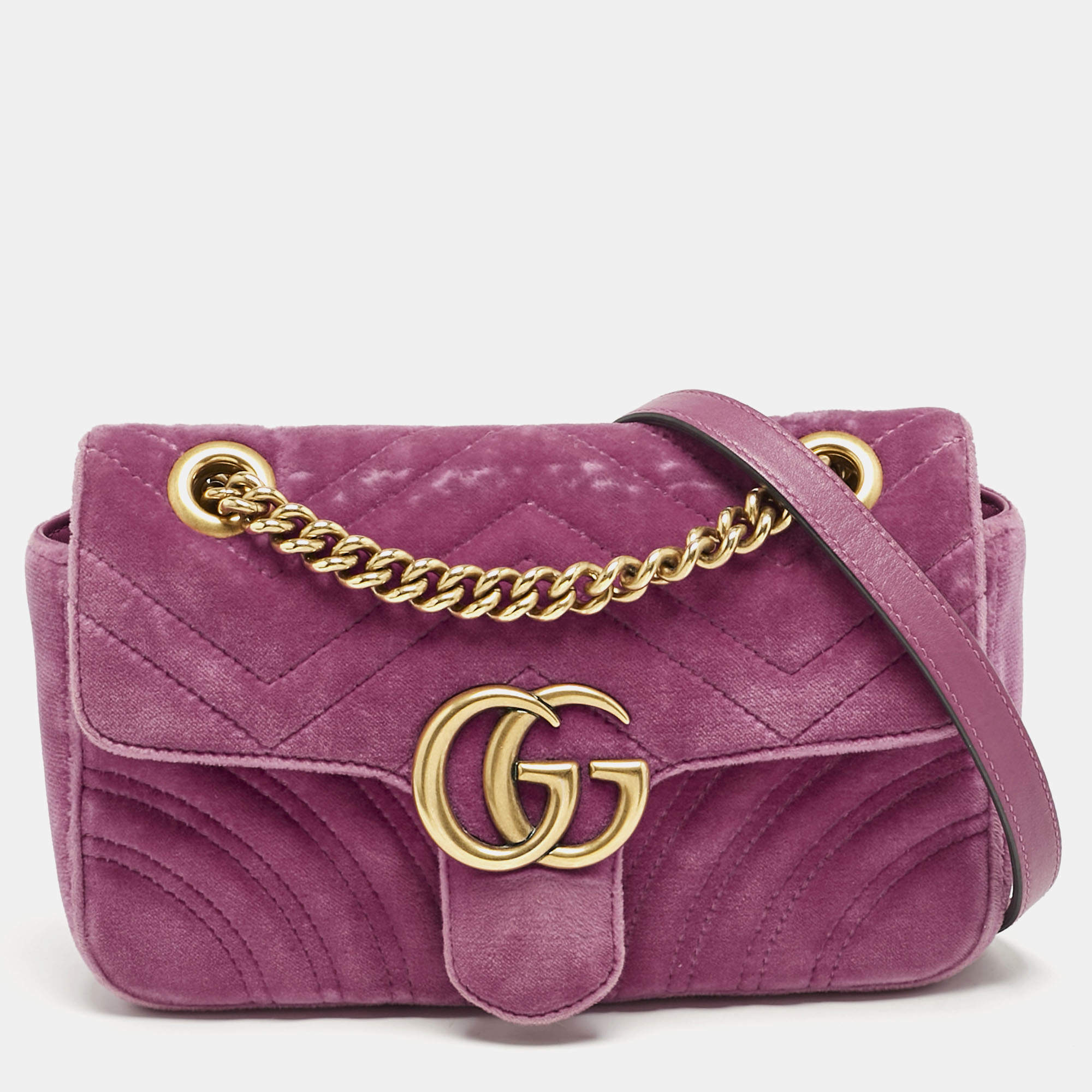 Gucci Pink Matelassé Velvet Mini GG Marmont Shoulder Bag