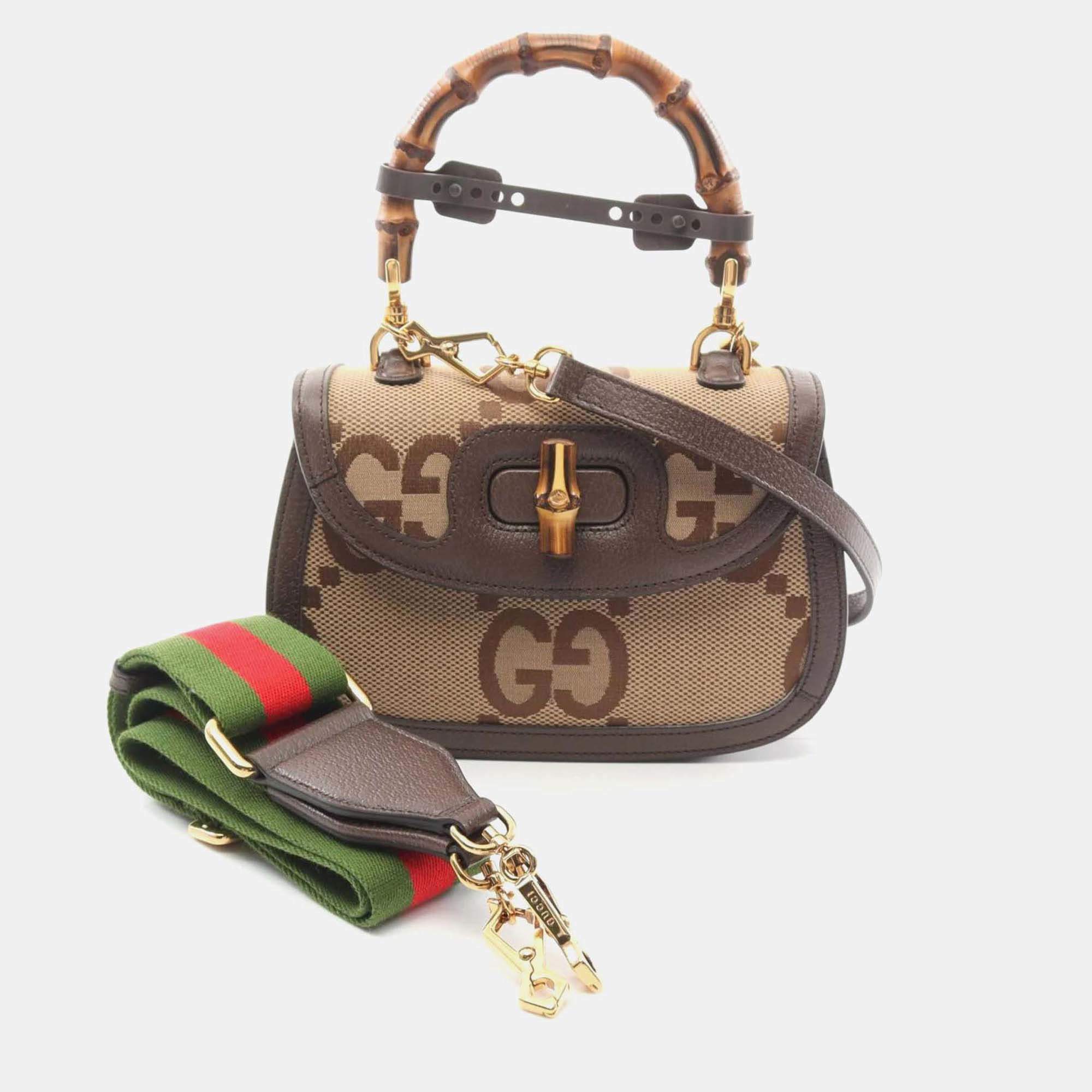 Gucci Bamboo 1947 Beige Brown Jumbo GG Canvas Leather Shoulder Bag