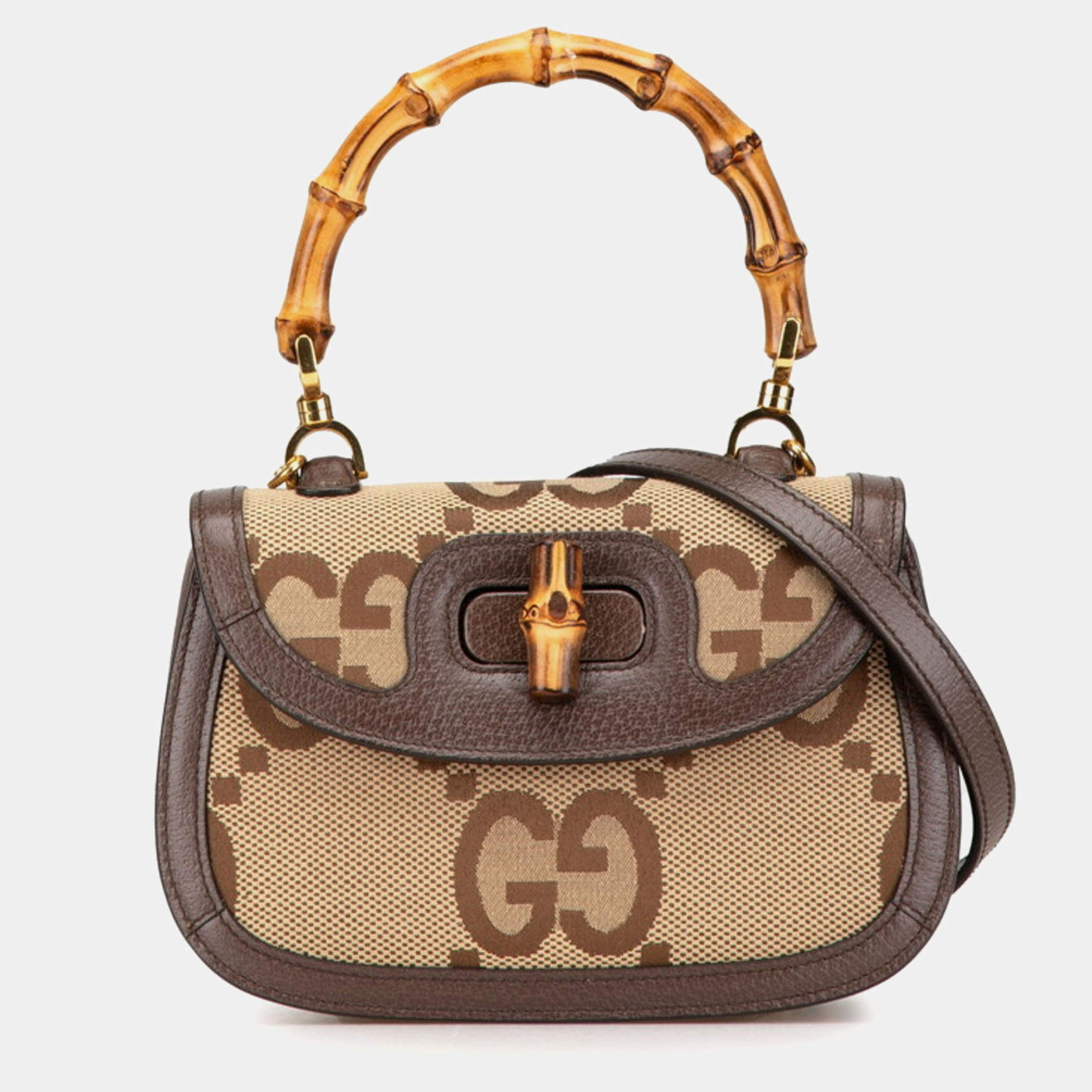 Gucci Bamboo Beige Brown Jumbo Canvas Leather Shoulder Bag
