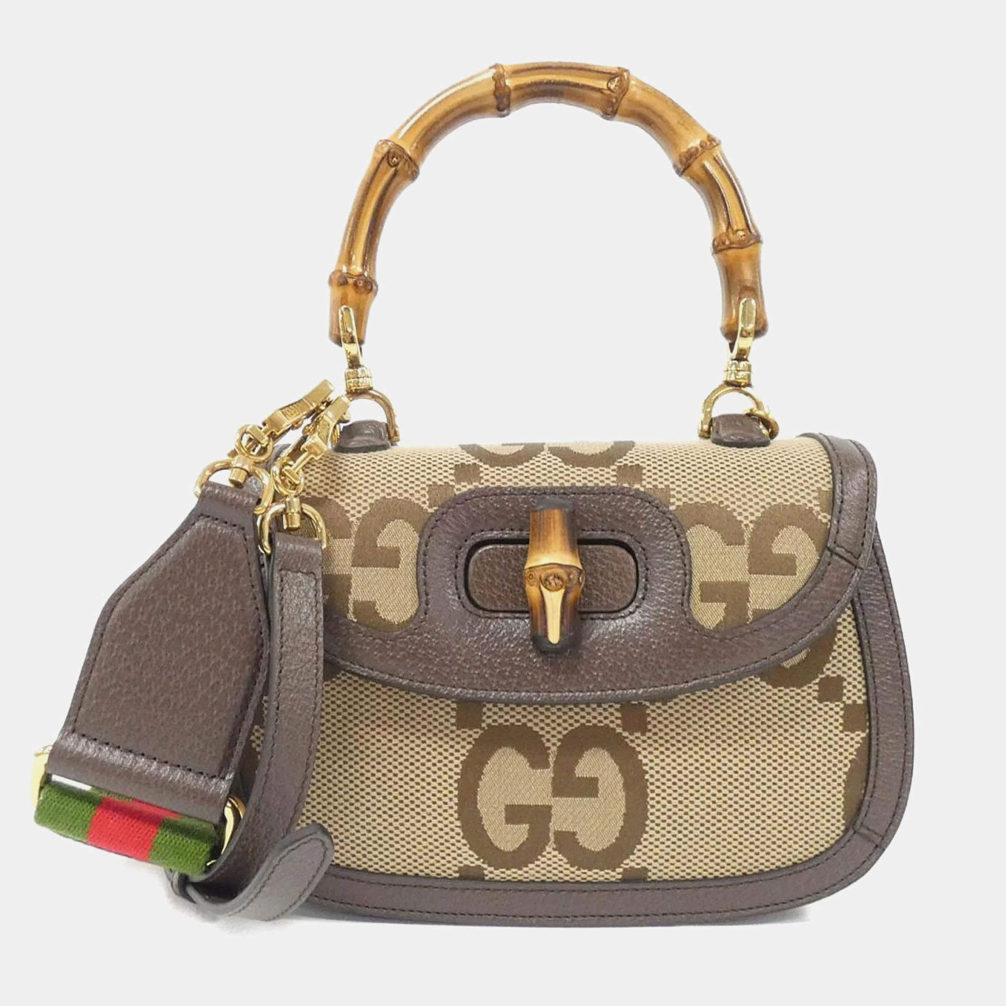 Gucci Bamboo 1947 Beige Canvas and Leather Handbag