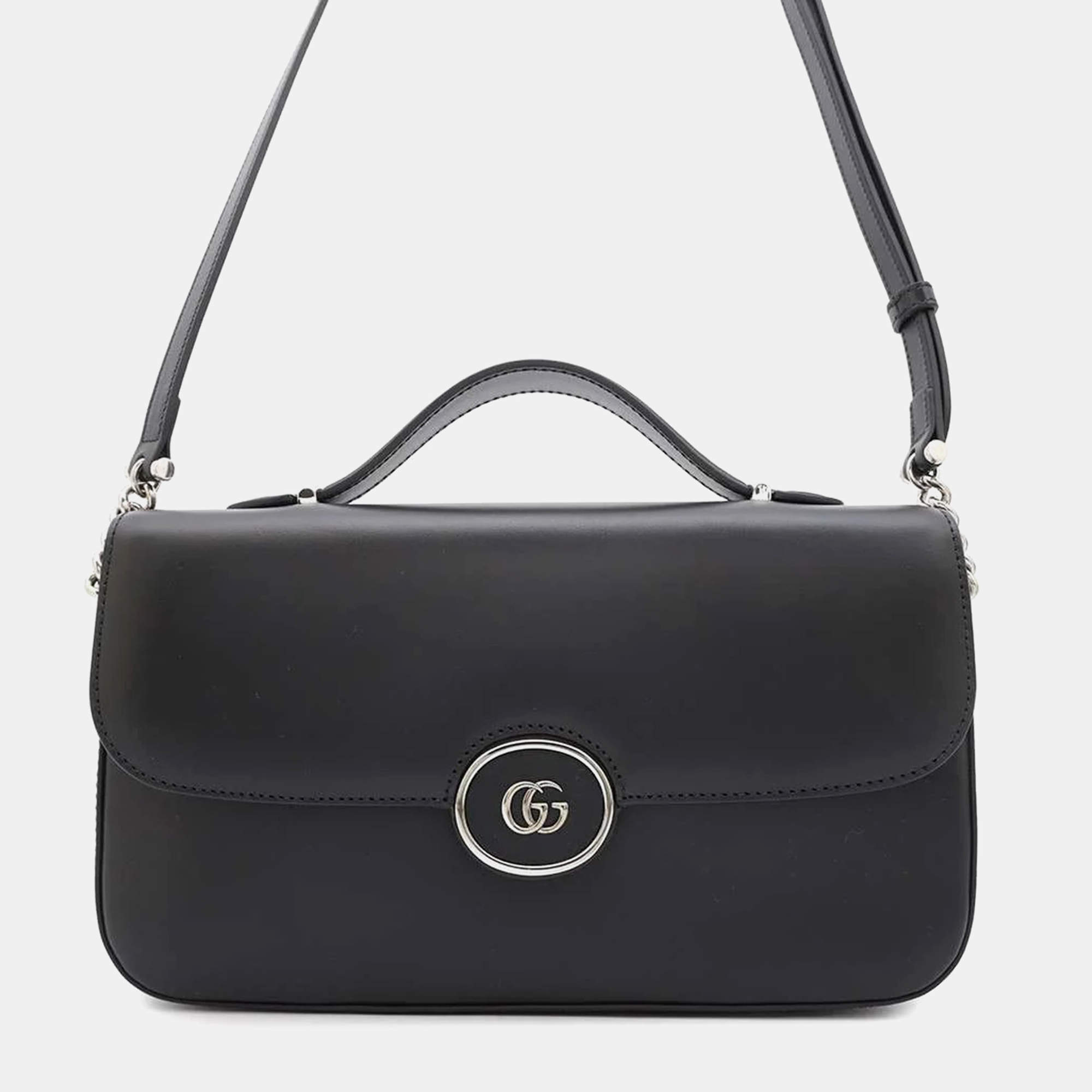Gucci Petite Gg 2Wayshoulder Bag Black Calf Leather Size Small