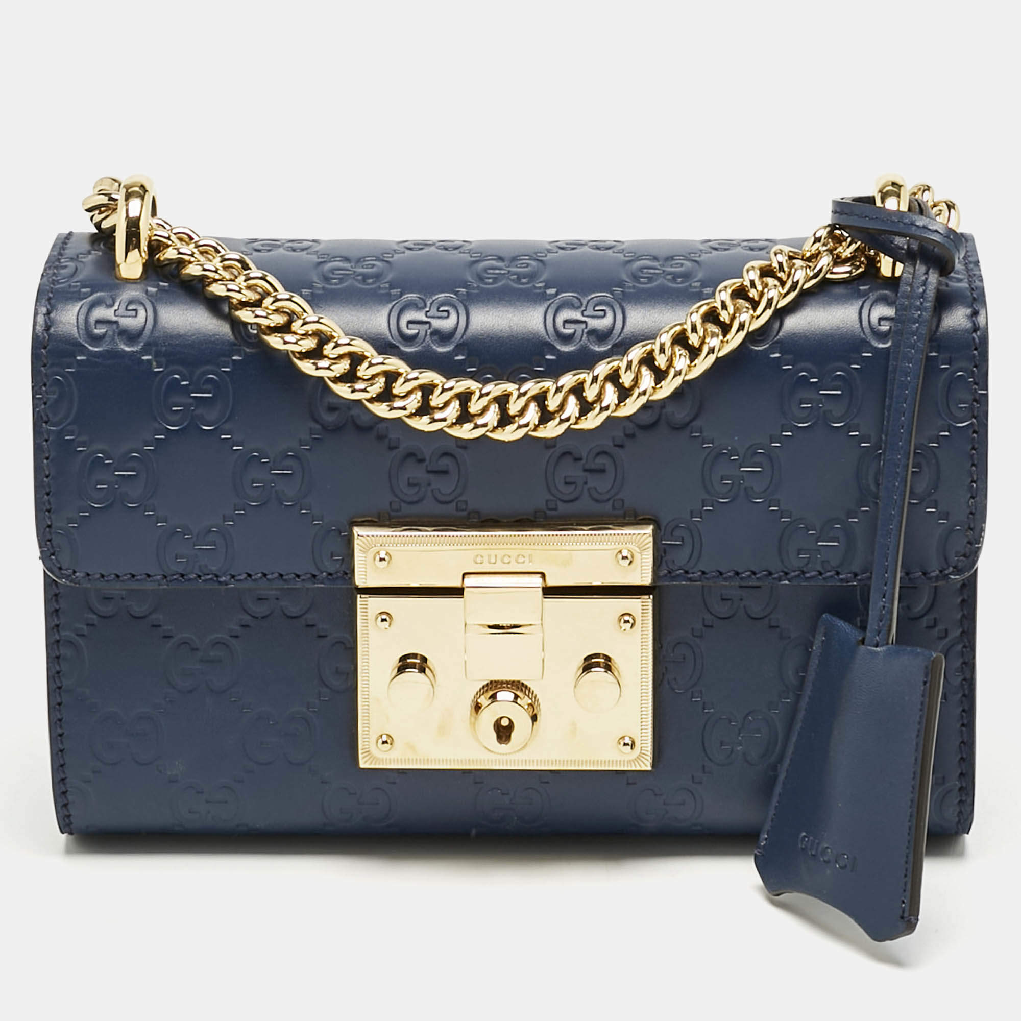 Gucci Navy Blue Guccissima Leather Small Padlock Shoulder Bag
