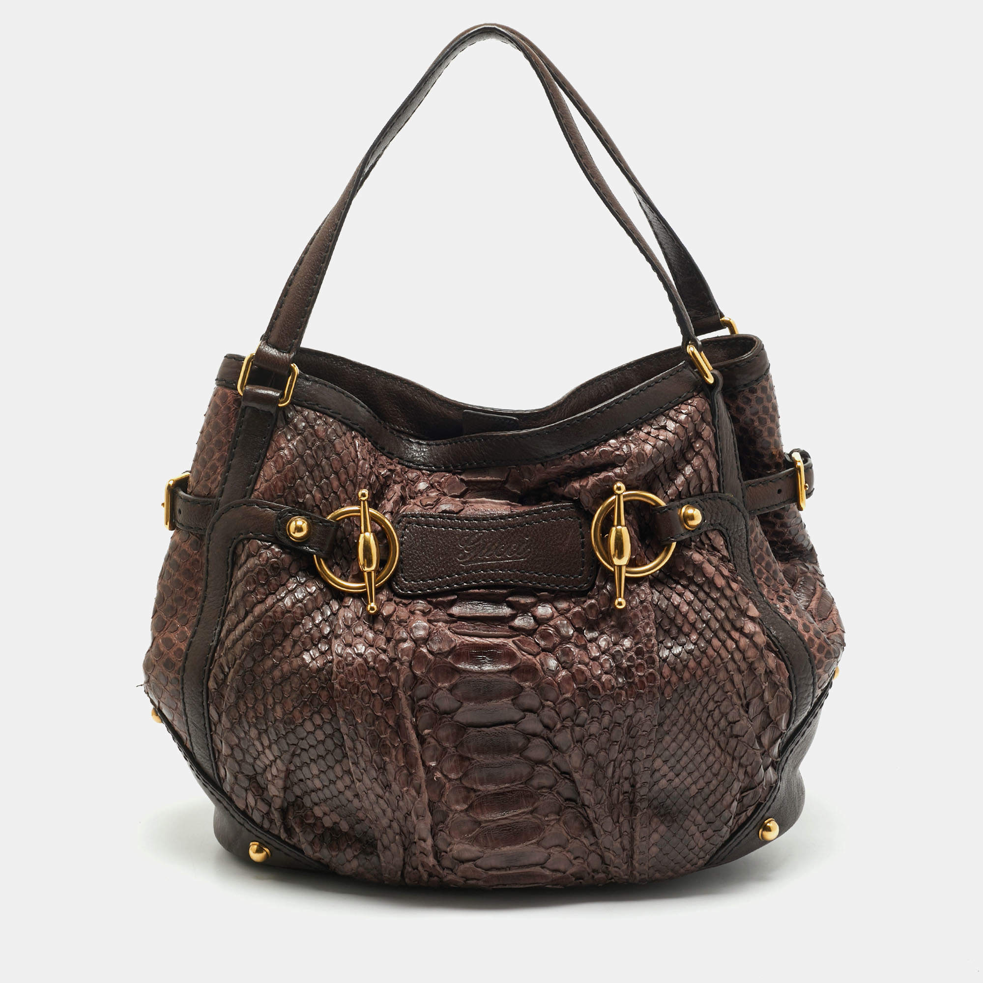 Gucci Brown Python Horsebit Jockey Tote
