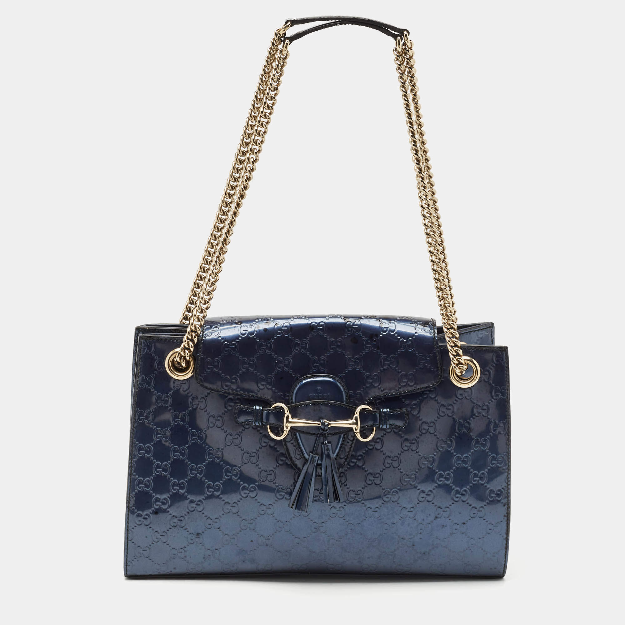 Gucci Blue Guccissima Patent Leather Large Emily Chain Shoulder Bag