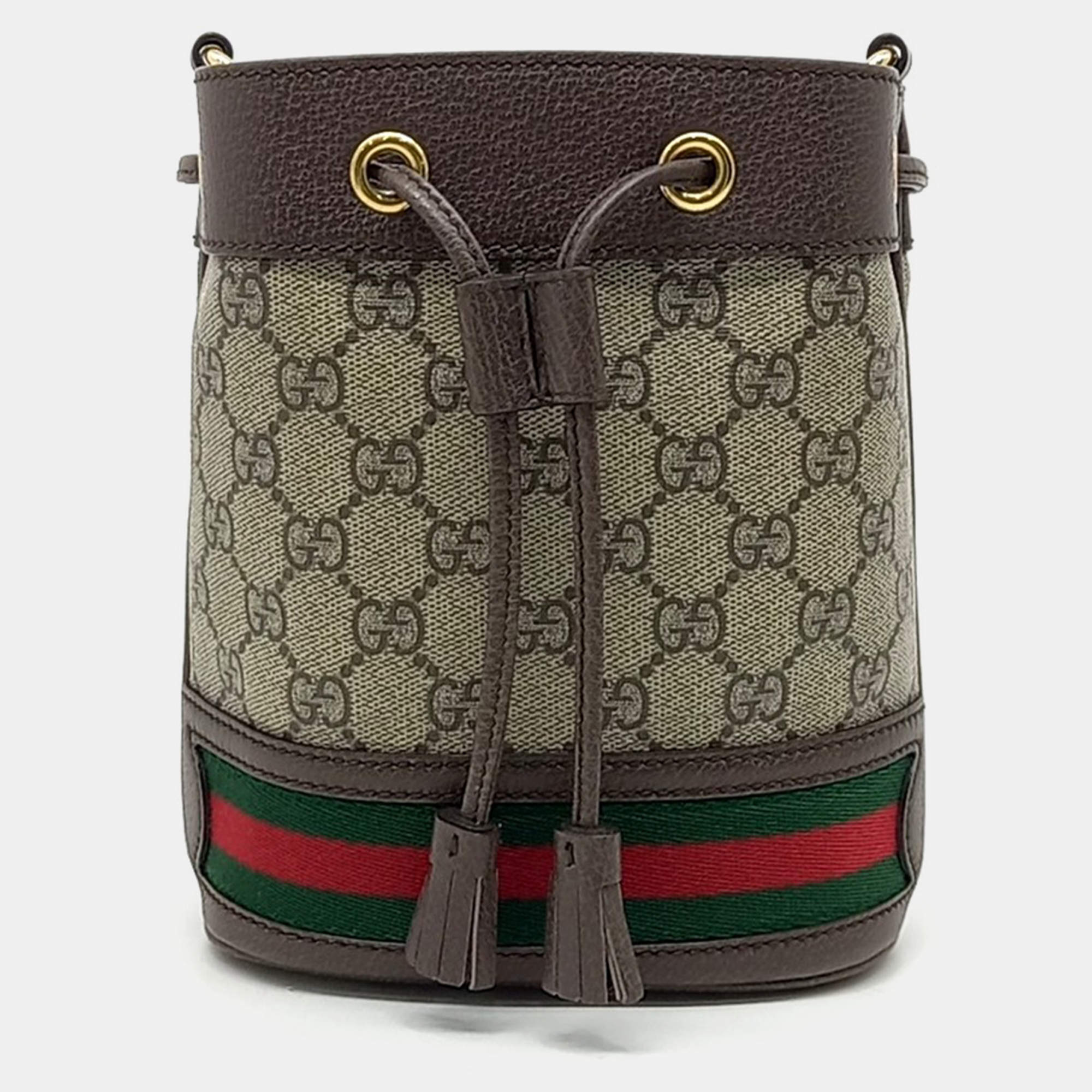 Gucci Beige Brown PVC Ophidia Mini Bucket Bag