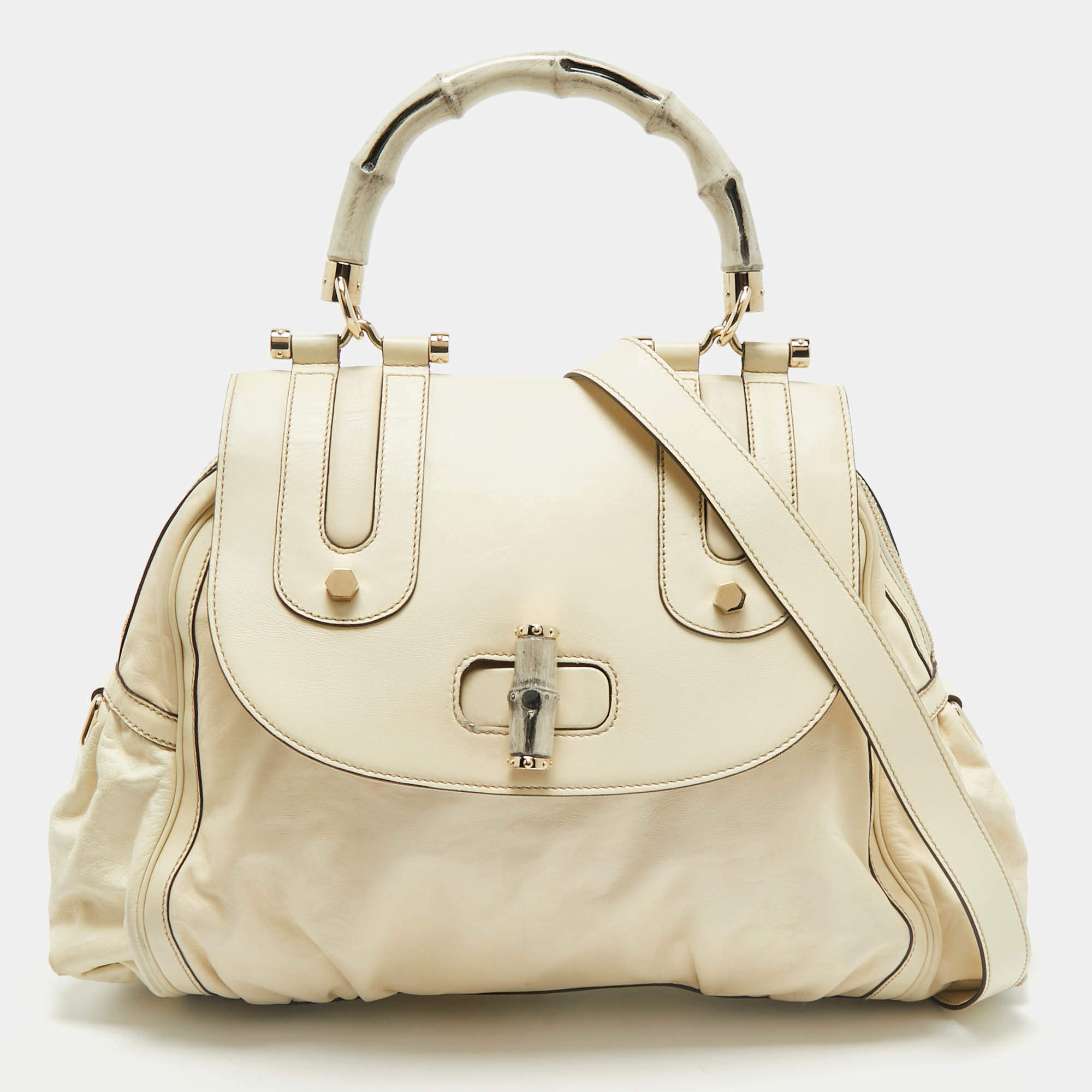 Gucci Cream Leather Pop Bamboo Top Handle Bag