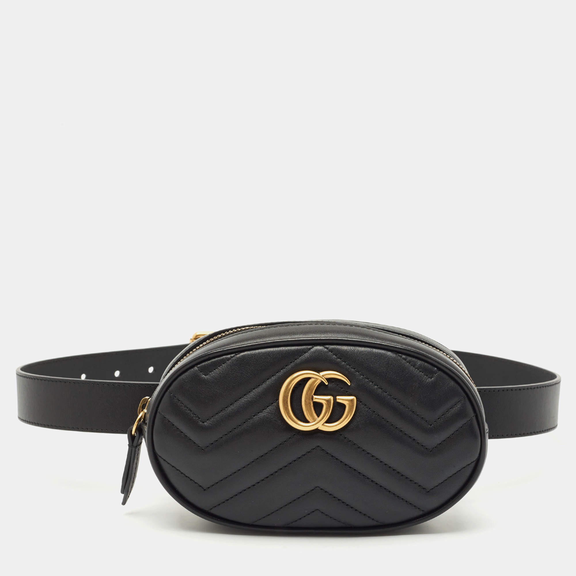 Gucci Black Matelassé Leather Mini GG Marmont Belt Bag