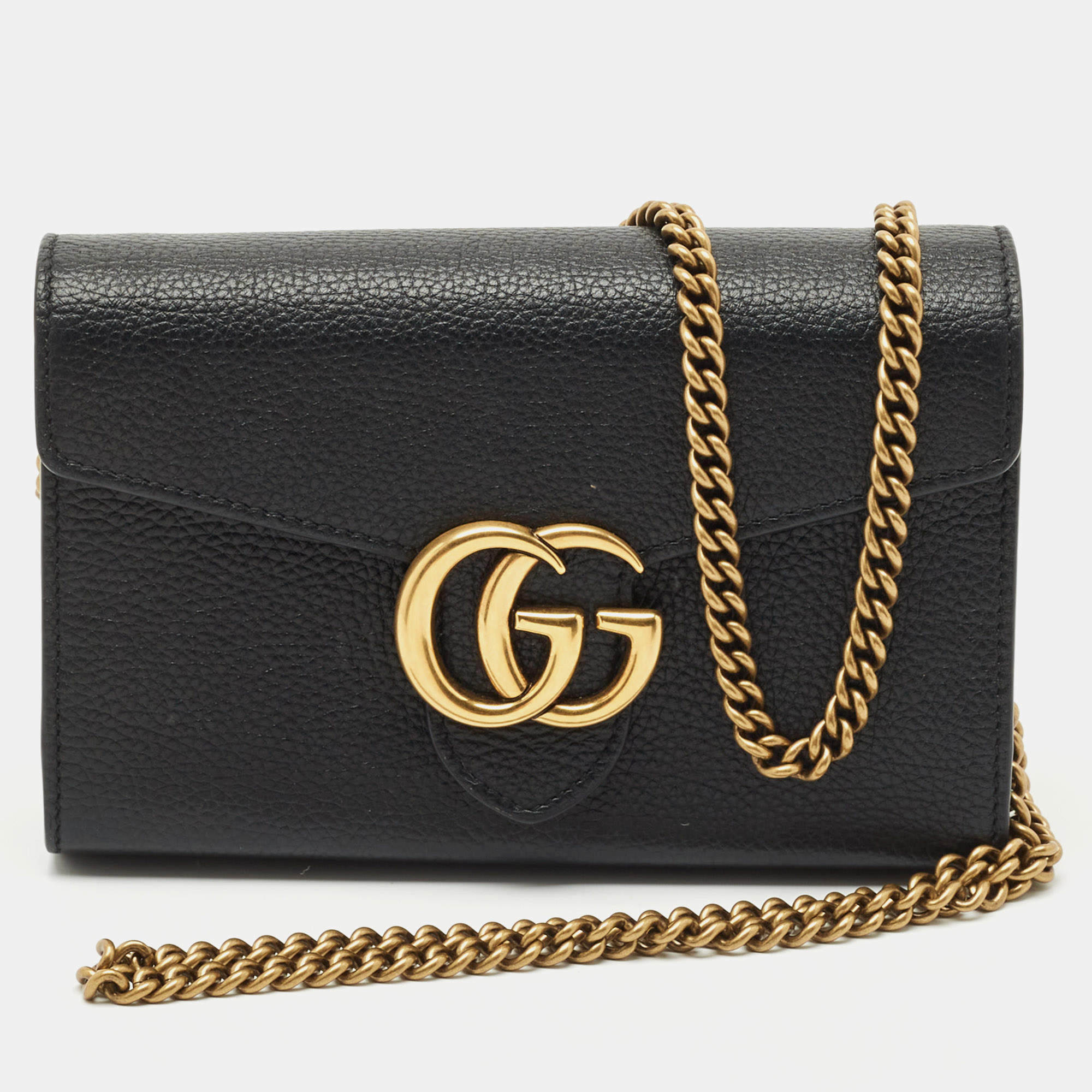 Gucci Black Leather GG Marmont Wallet on Chain