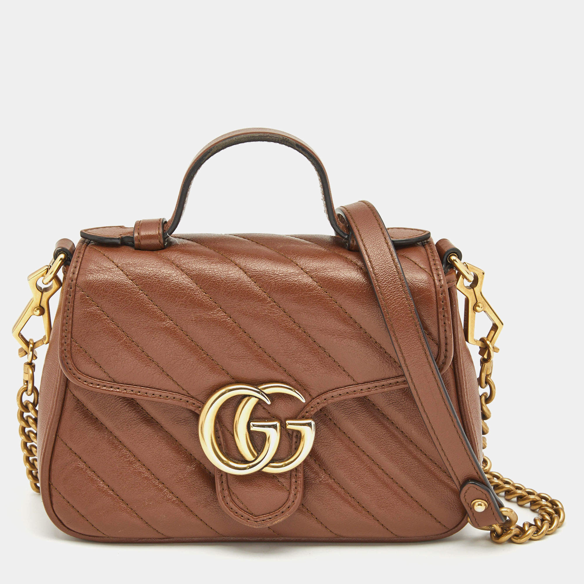 Gucci Brown Matelasse Leather Mini GG Marmont Top Handle Bag