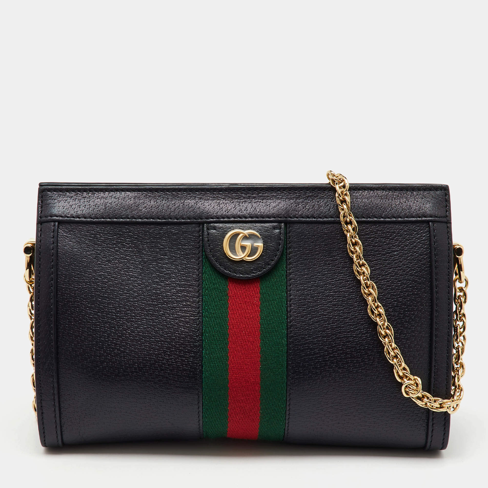 Gucci Black Leather GG Web Detail Ophidia Medium Chain Shoulder Bag