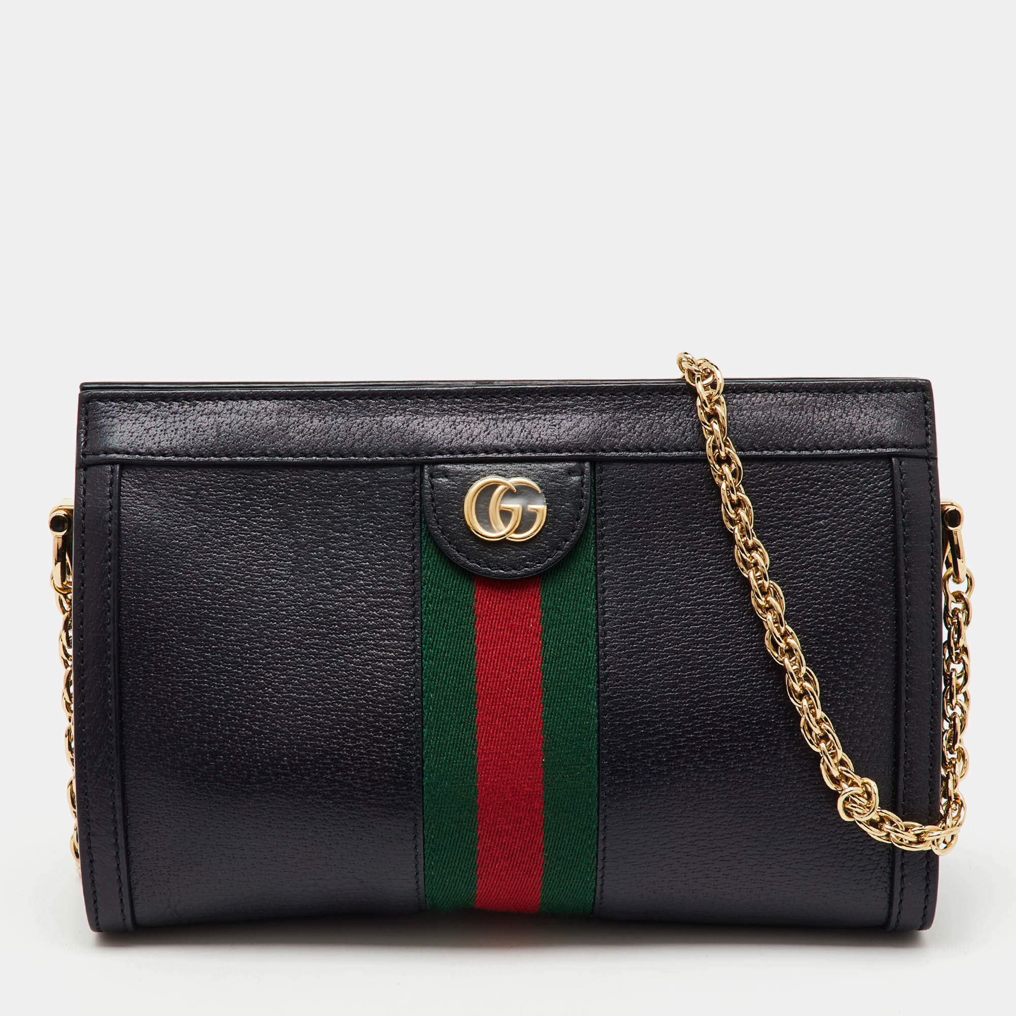 Gucci Black Leather GG Web Detail Ophidia Medium Chain Shoulder Bag