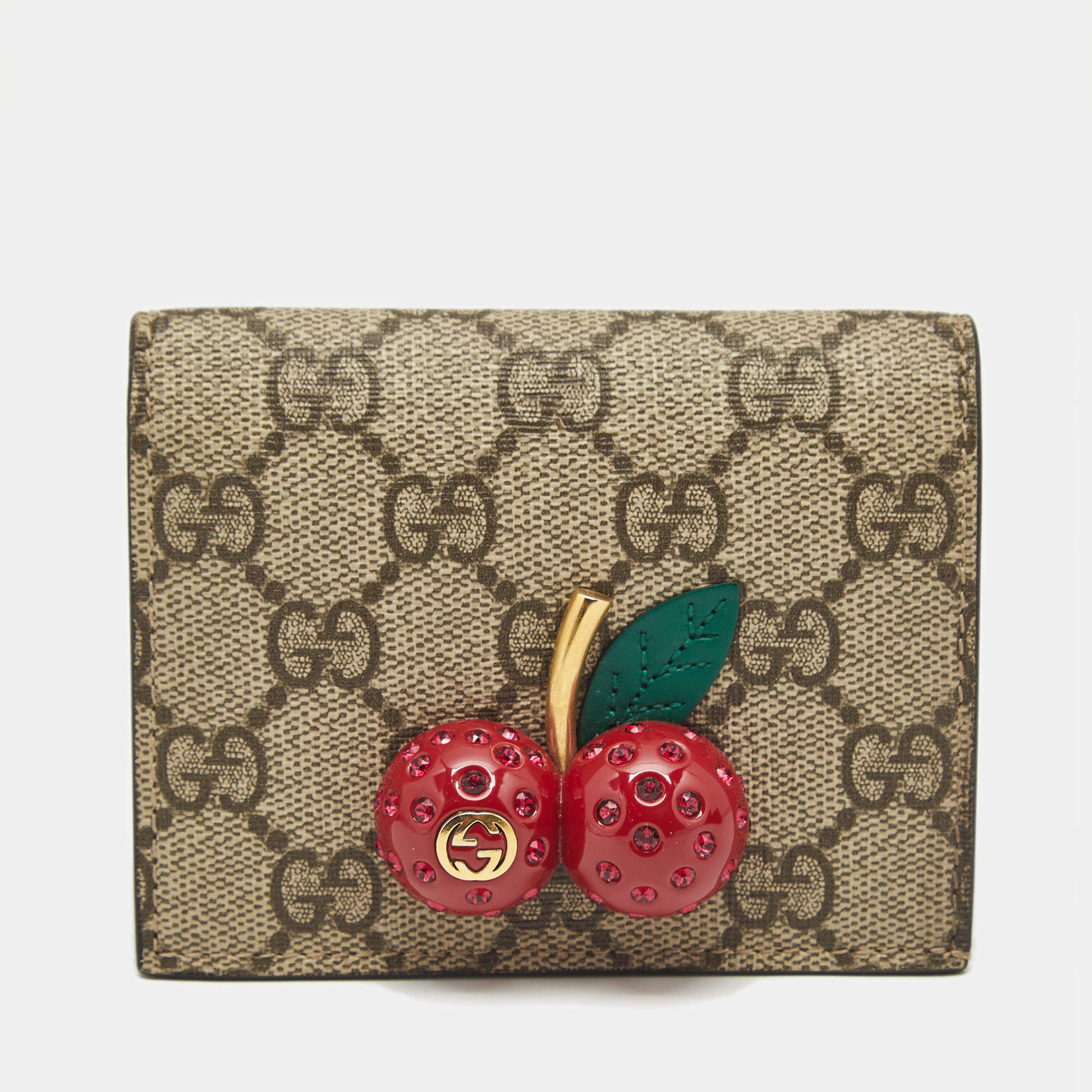 Gucci Beige/Red GG Supreme Coated Canvas Cherry Crystals Embellished Card Case