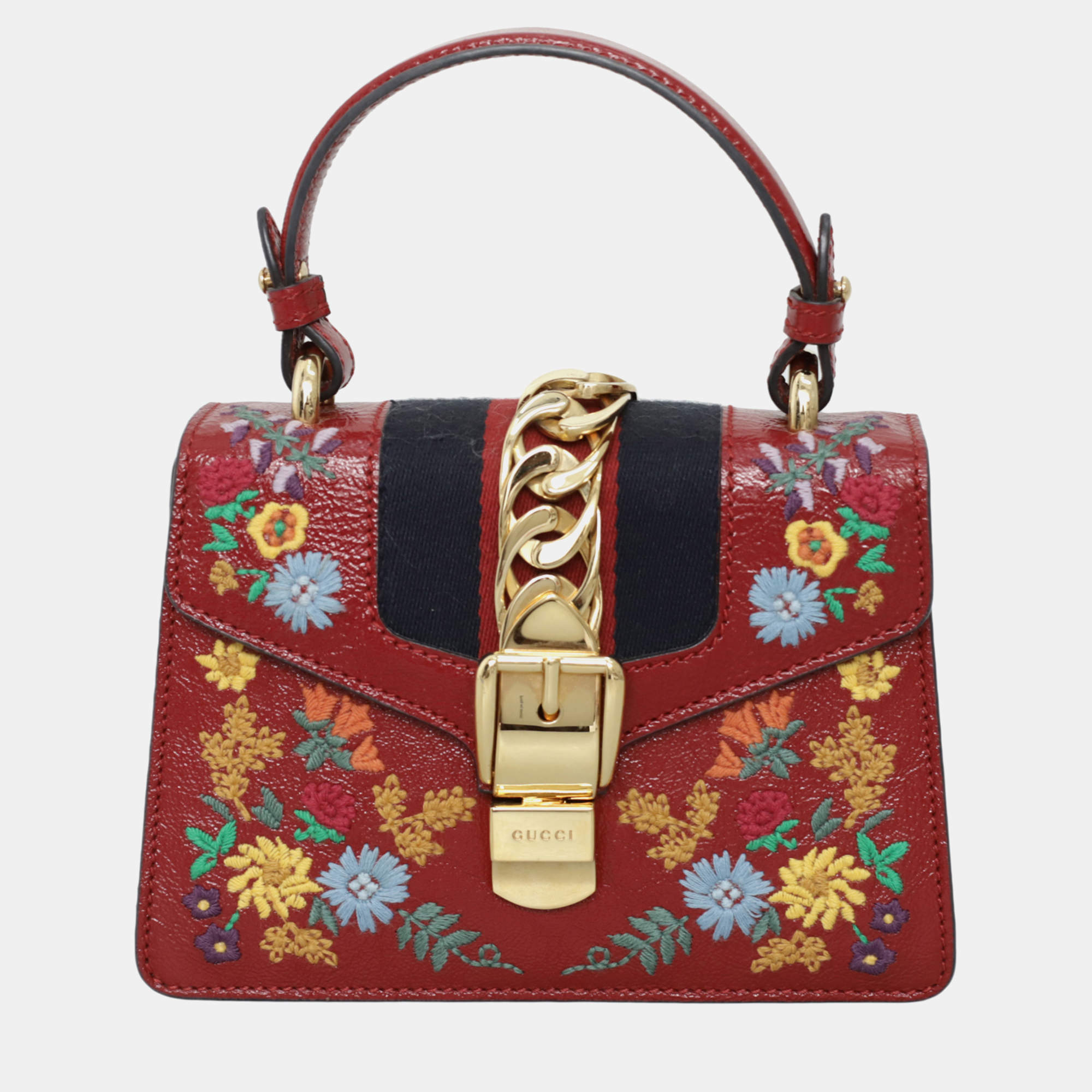 Gucci Patent Embroidered Mini Sylvie Red Top Handle Bag